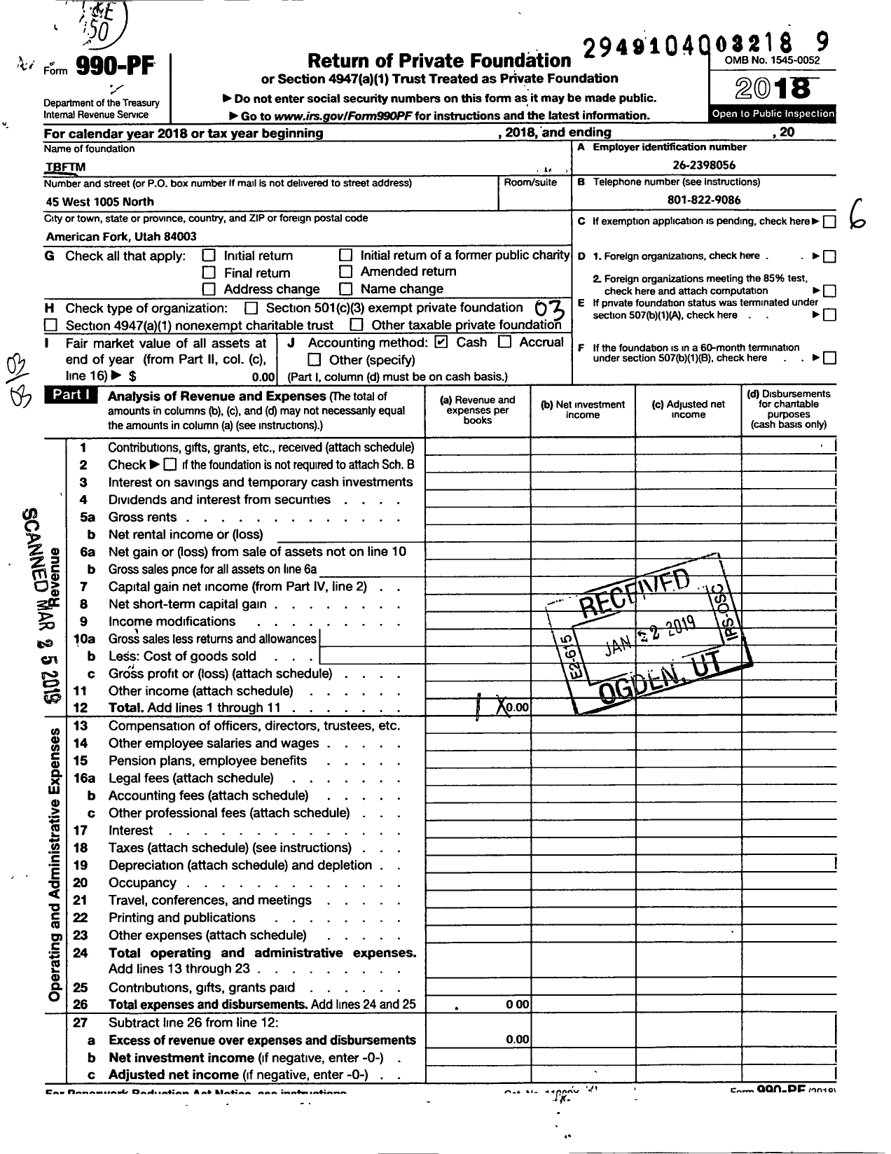 Image of first page of 2018 Form 990PF for TBFTM