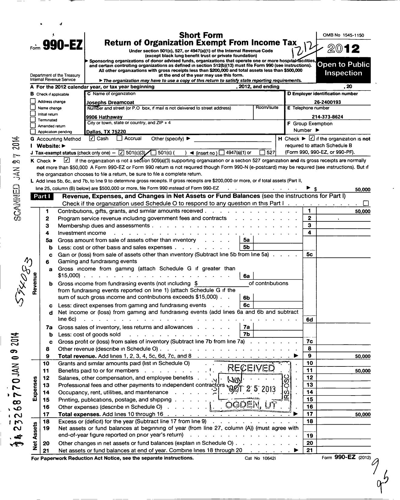 Image of first page of 2012 Form 990EZ for Josephs Dreamcoat