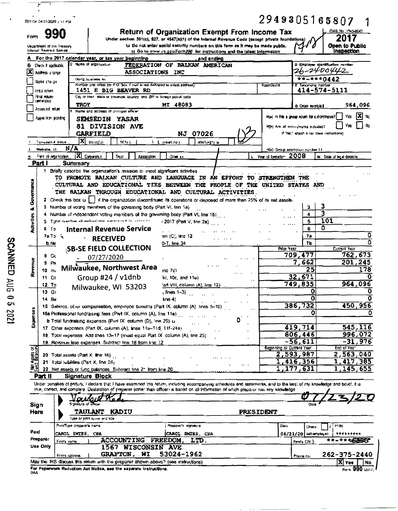 Image of first page of 2017 Form 990 for Federation of Balkan American Associations (FEBA)