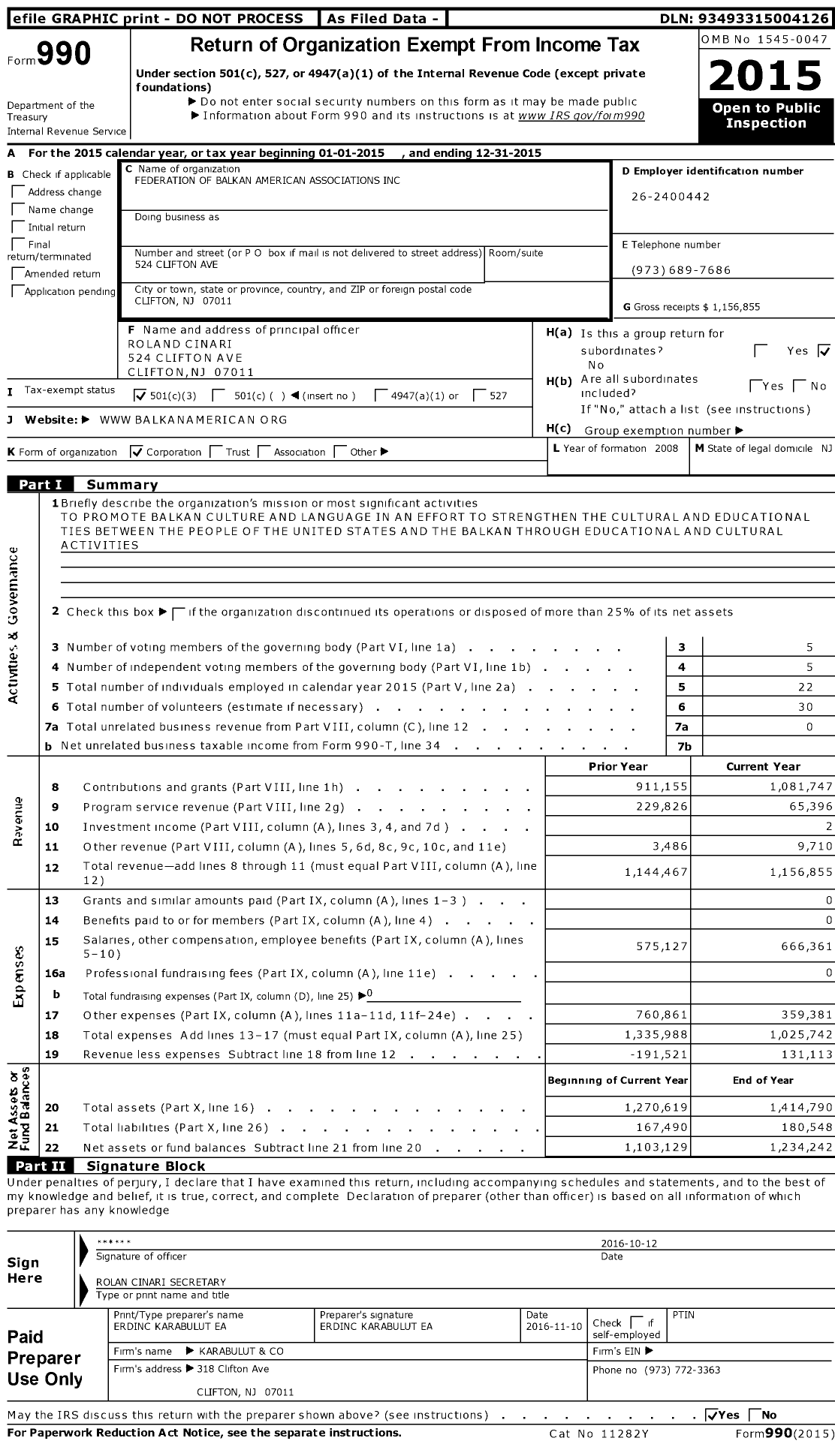 Image of first page of 2015 Form 990 for Federation of Balkan American Associations (FEBA)