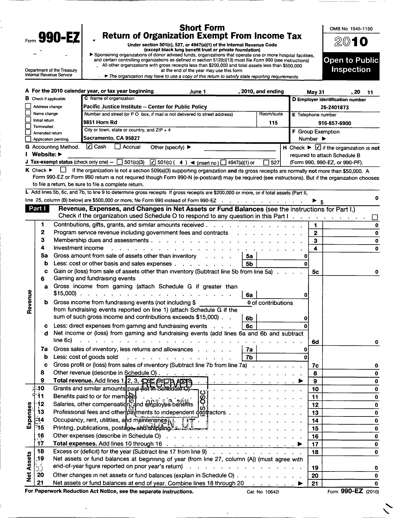 Image of first page of 2010 Form 990EO for Pacific Justice Institute - Center for Public Policy