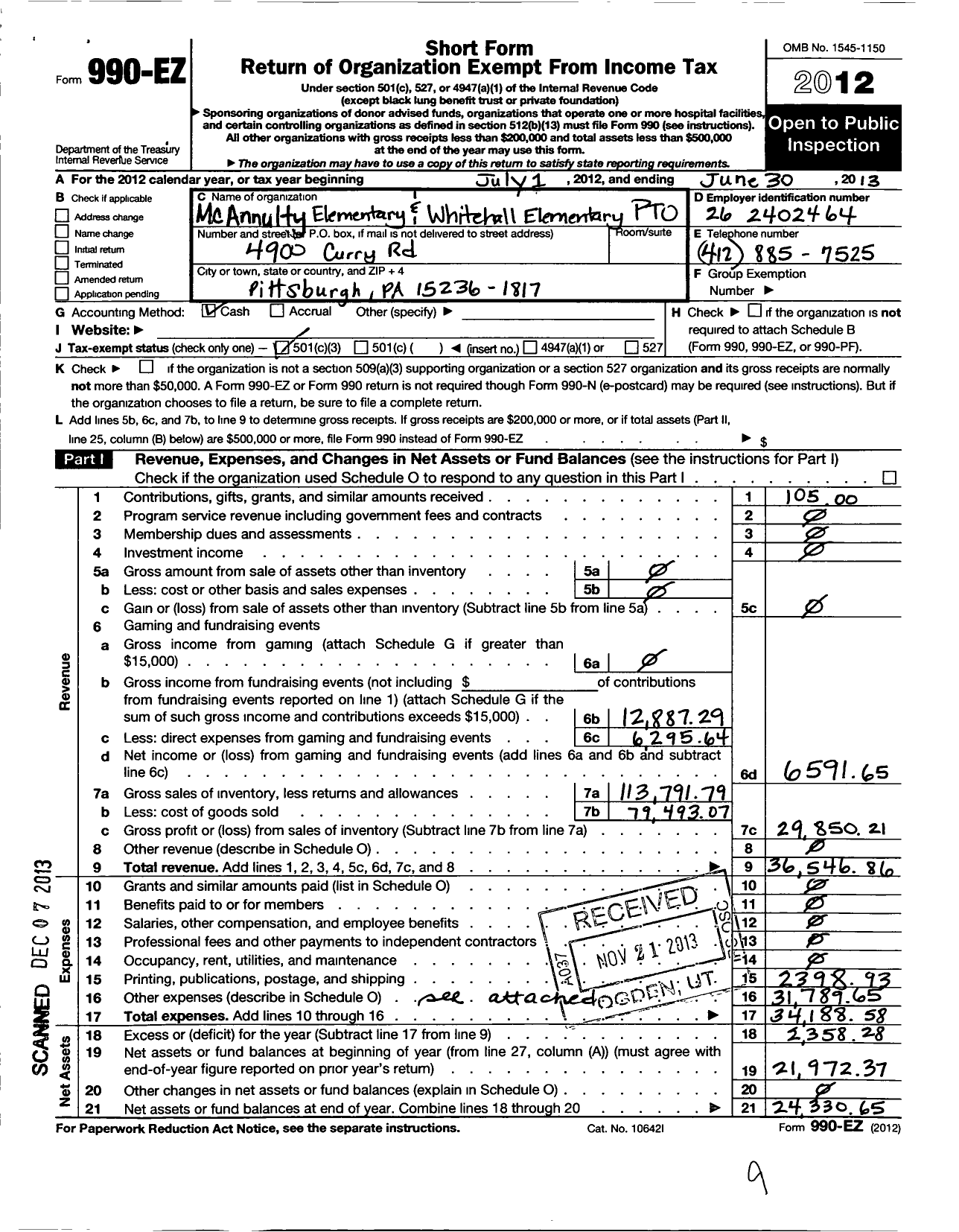 Image of first page of 2012 Form 990EZ for BW Elementary PTO