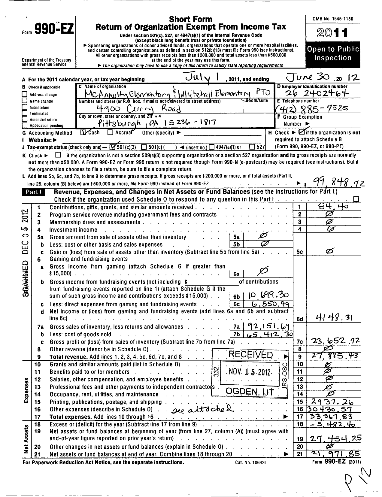 Image of first page of 2011 Form 990EZ for BW Elementary PTO