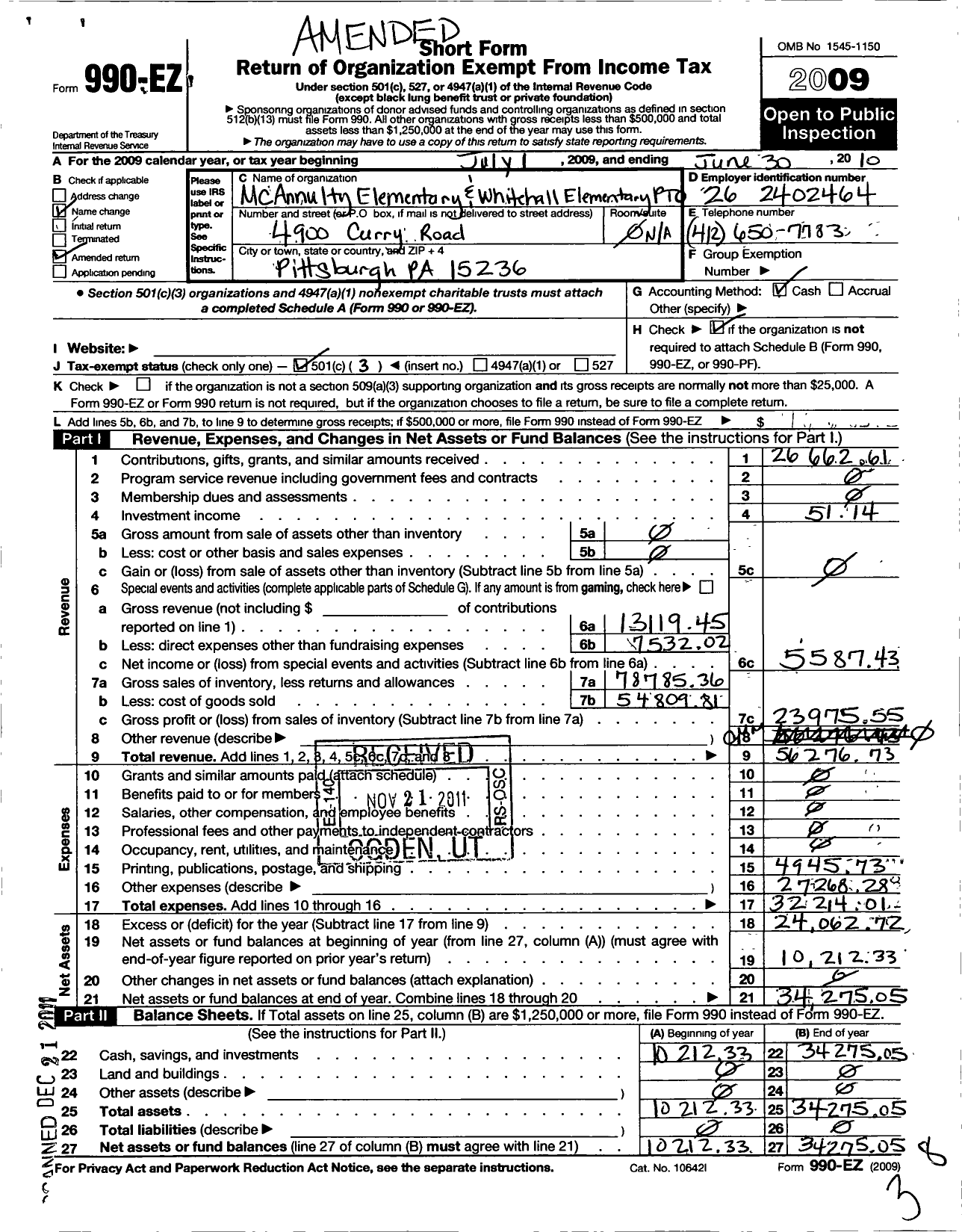 Image of first page of 2009 Form 990EZ for BW Elementary PTO