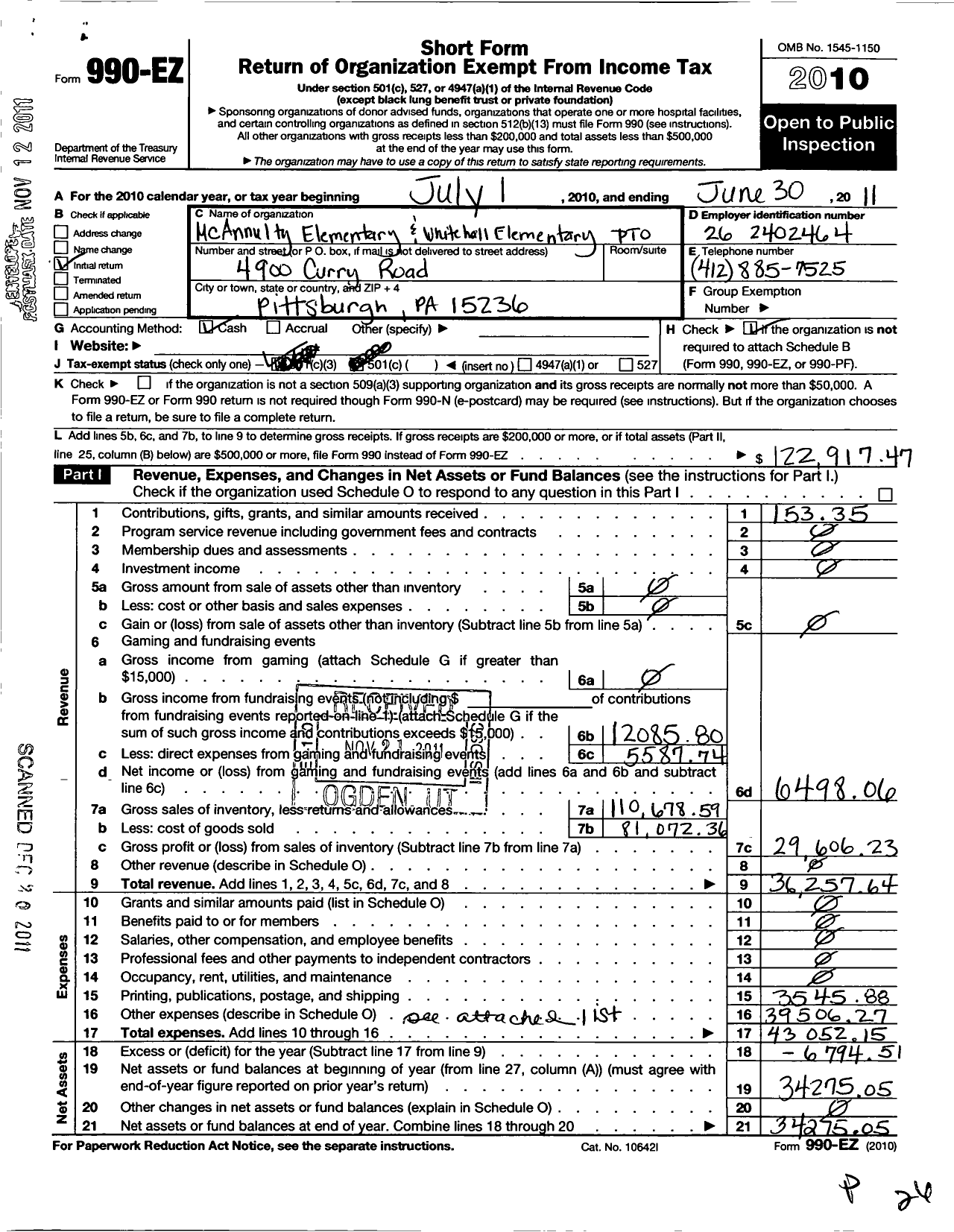 Image of first page of 2010 Form 990EO for BW Elementary PTO