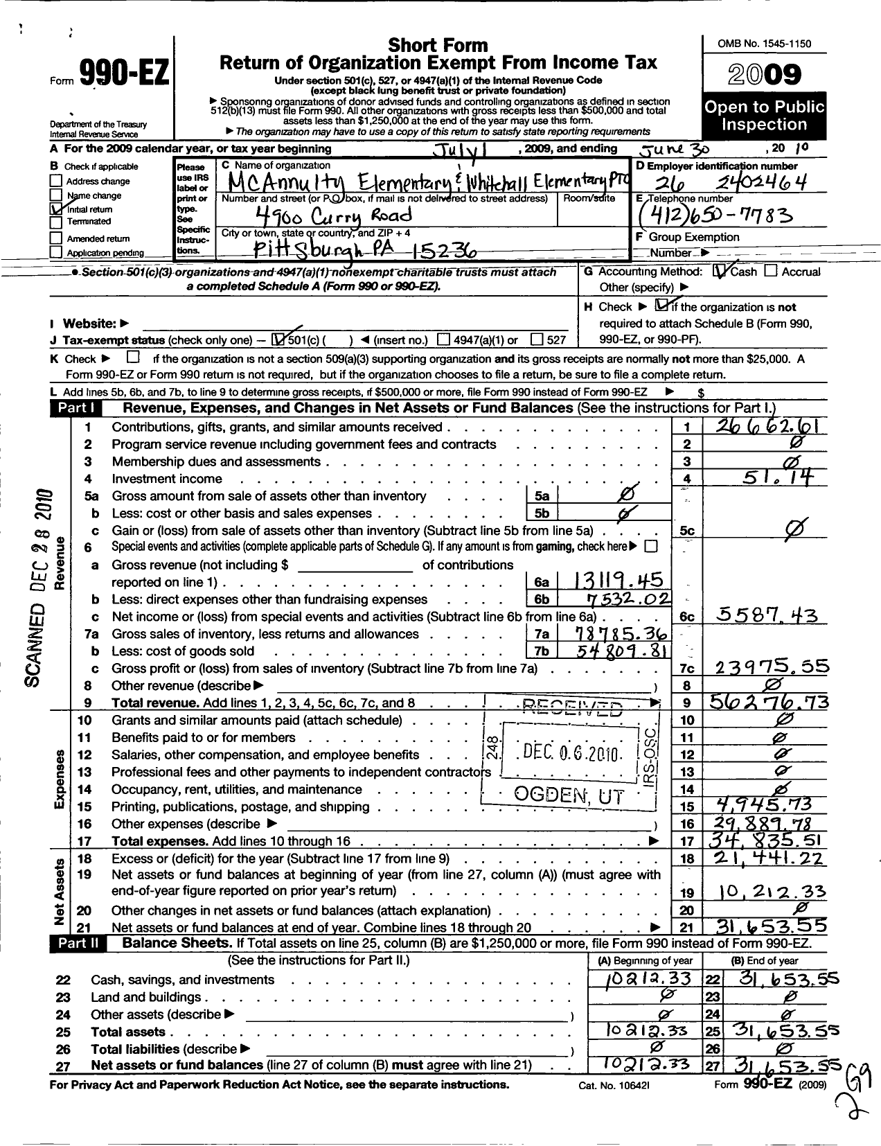 Image of first page of 2009 Form 990EO for BW Elementary PTO