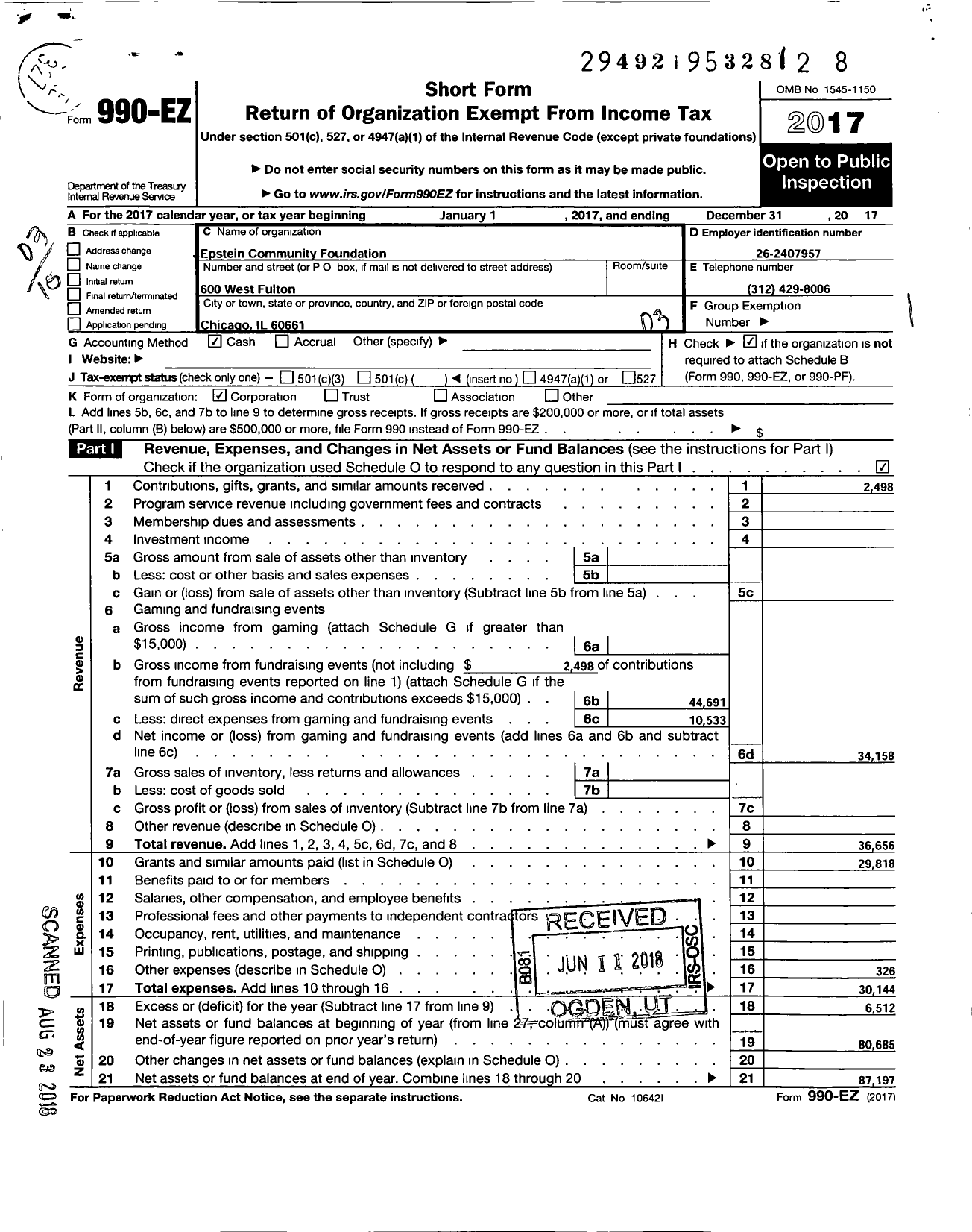 Image of first page of 2017 Form 990EZ for Epstein Community Foundation