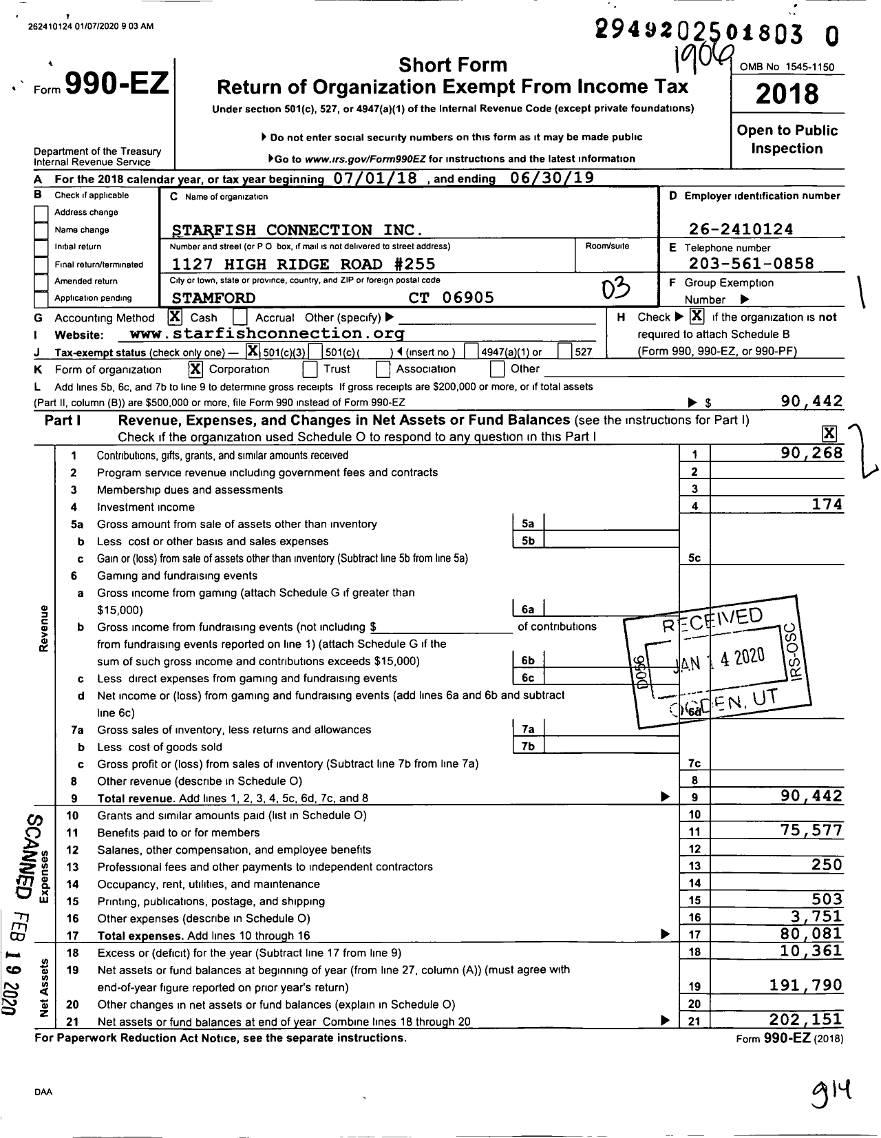 Image of first page of 2018 Form 990EZ for Starfish Connection