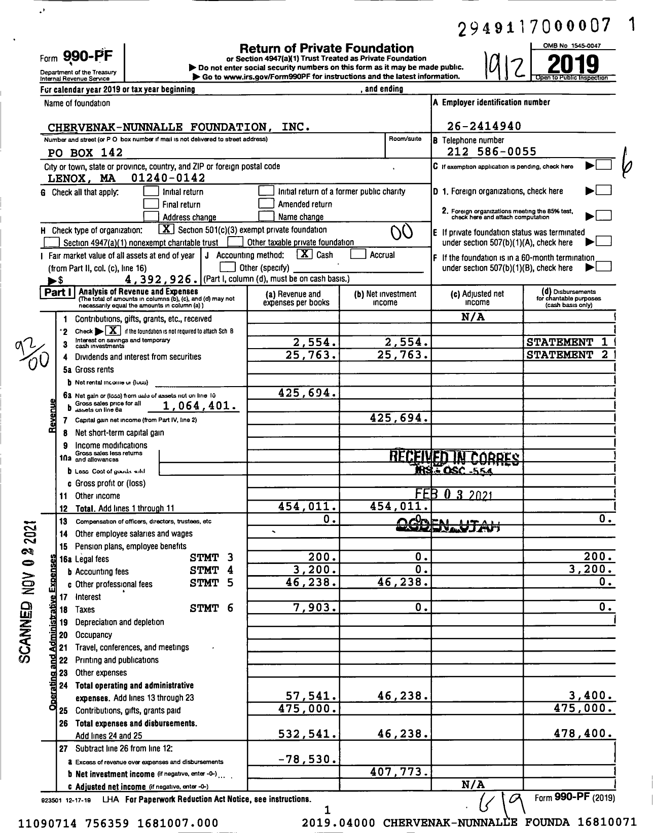 Image of first page of 2019 Form 990PF for Chervenak-Nunnalle Foundation