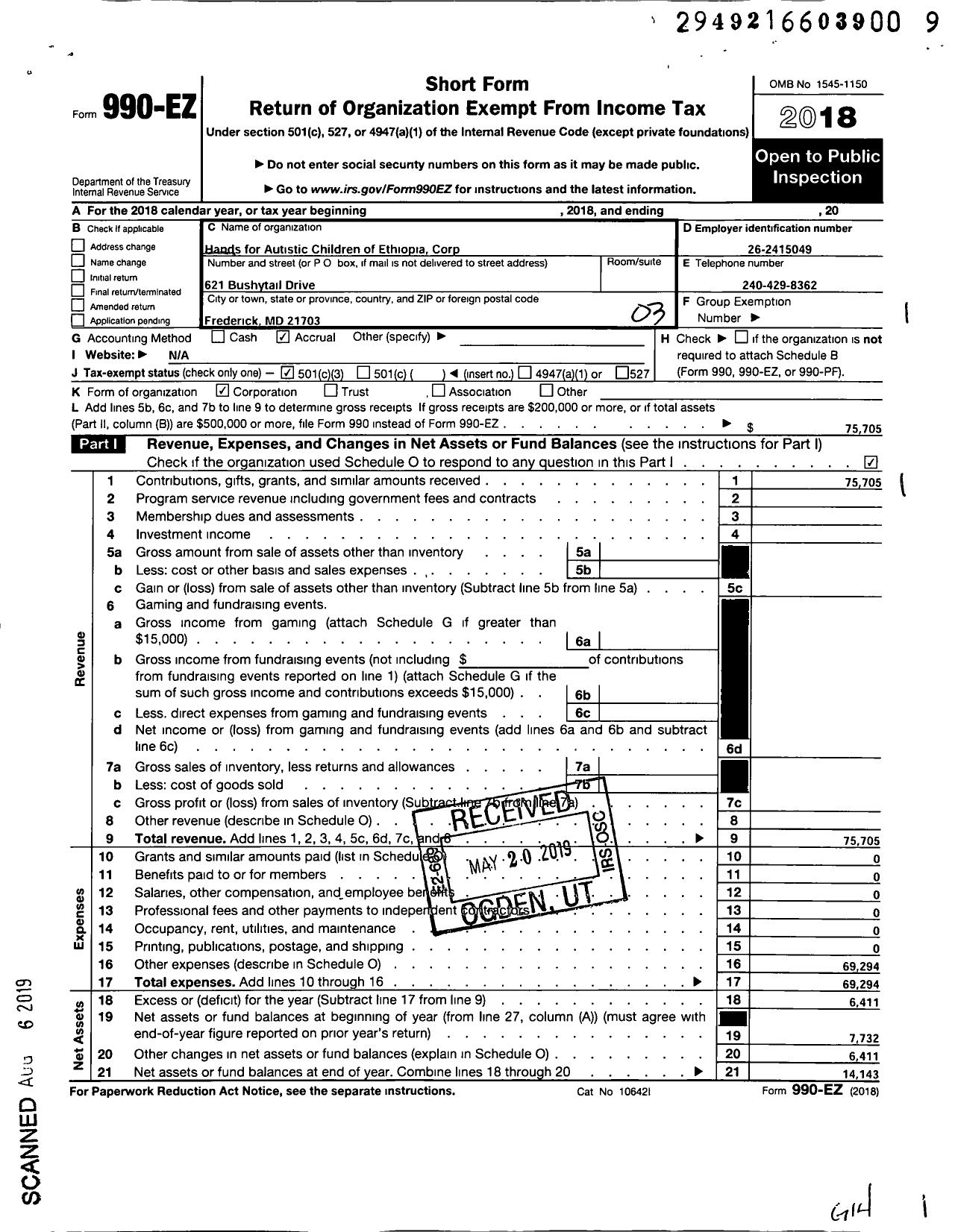 Image of first page of 2018 Form 990EZ for Hands for Autistic Children of Ethiopia