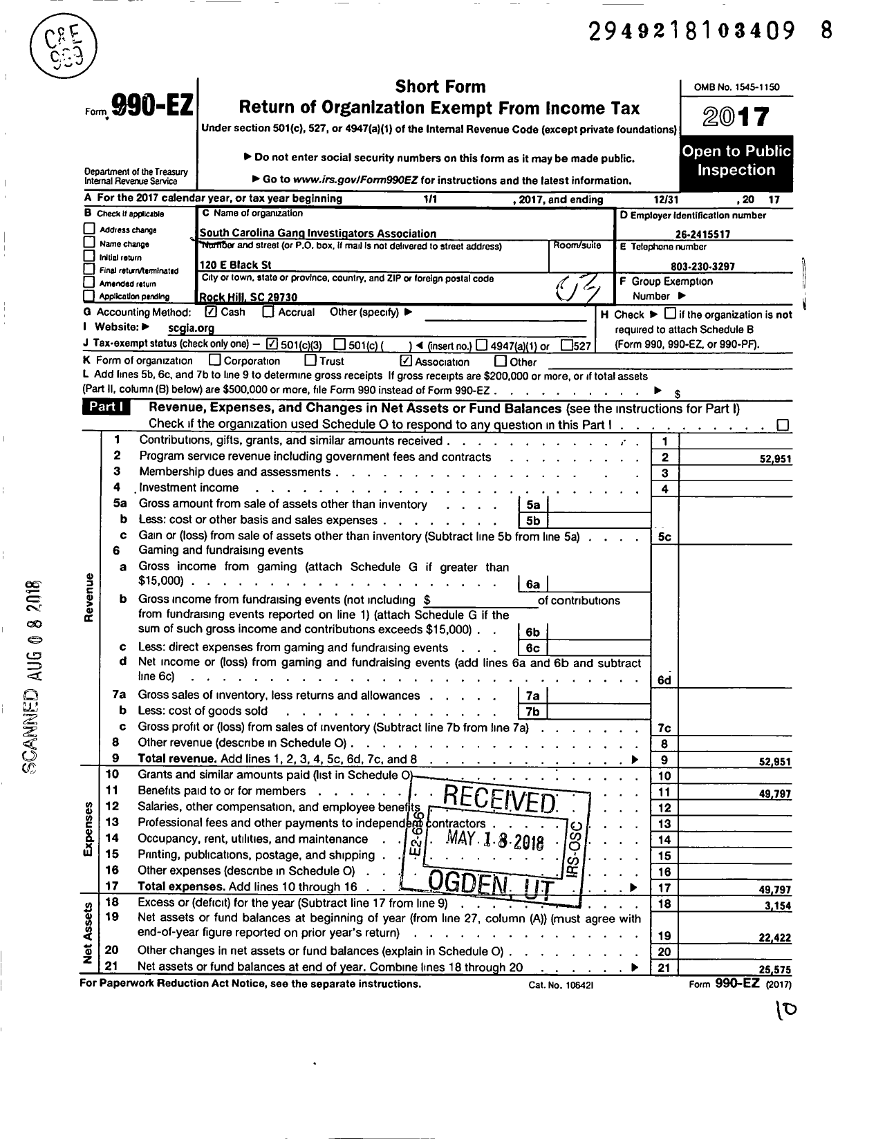 Image of first page of 2017 Form 990EZ for South Carolina Gang Investigators Association