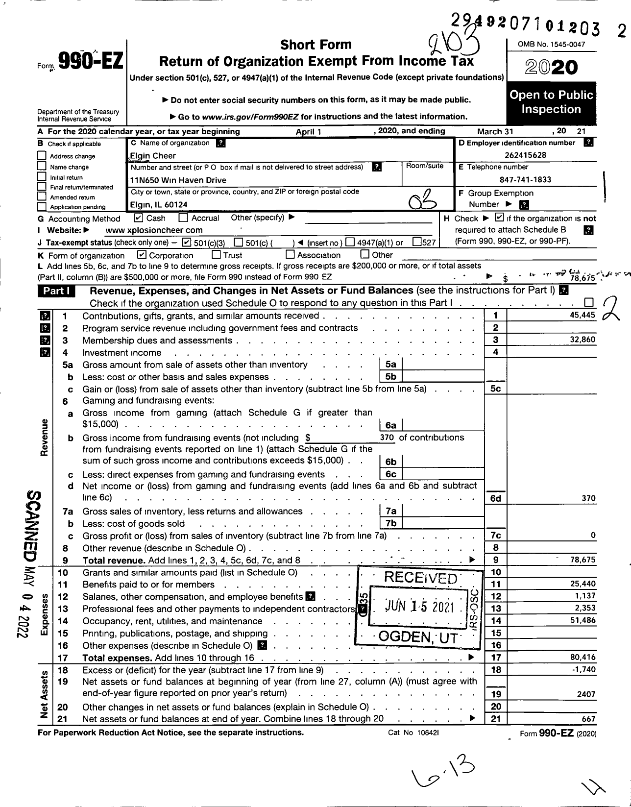 Image of first page of 2020 Form 990EZ for Elgin Cheer