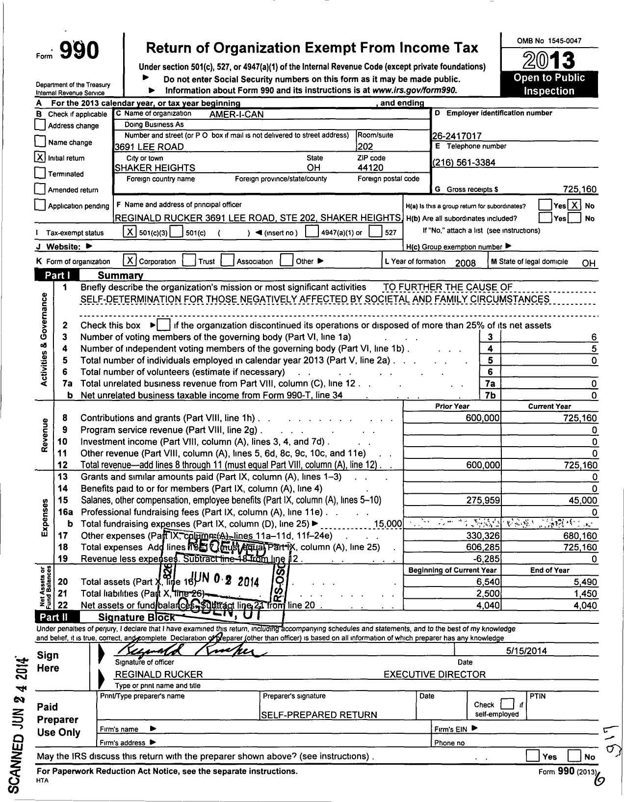 Image of first page of 2013 Form 990 for American Cleveland