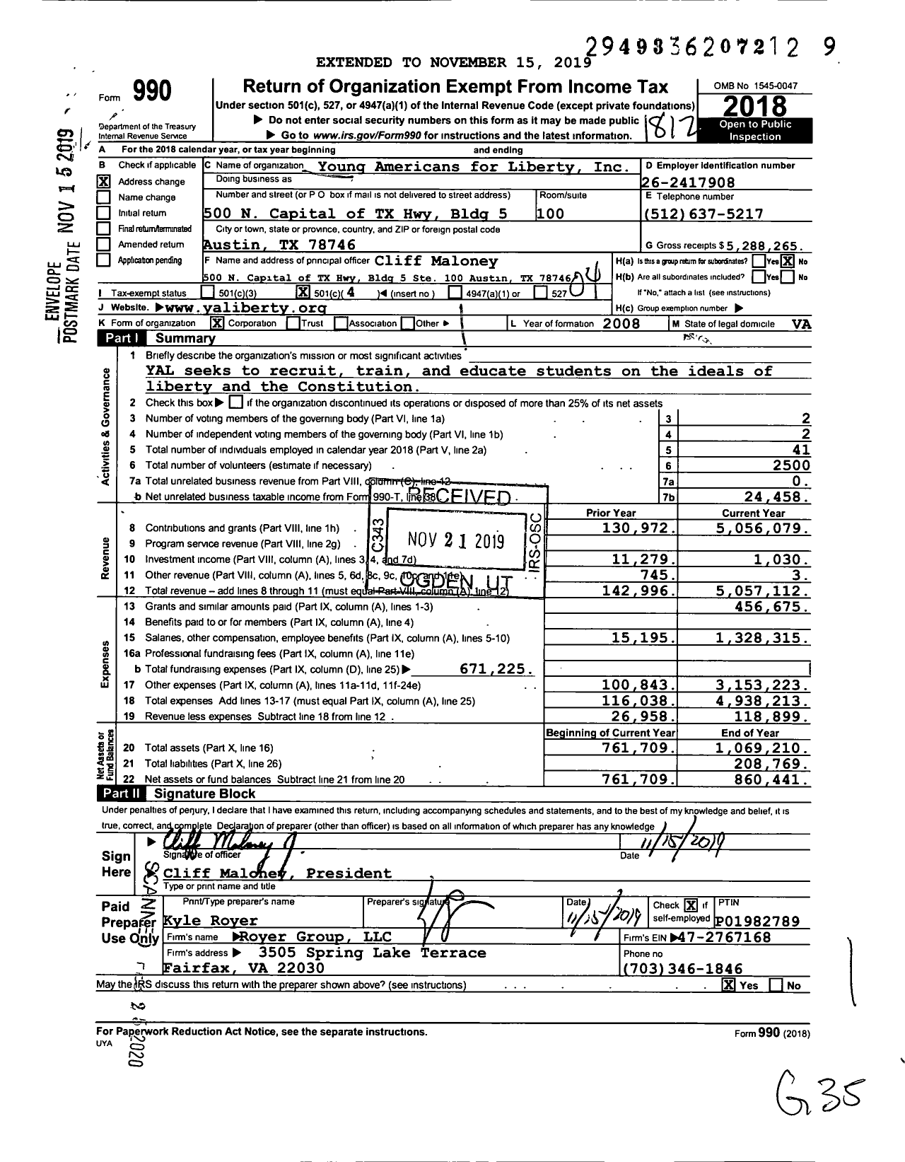 Image of first page of 2018 Form 990O for Young Americans for Liberty