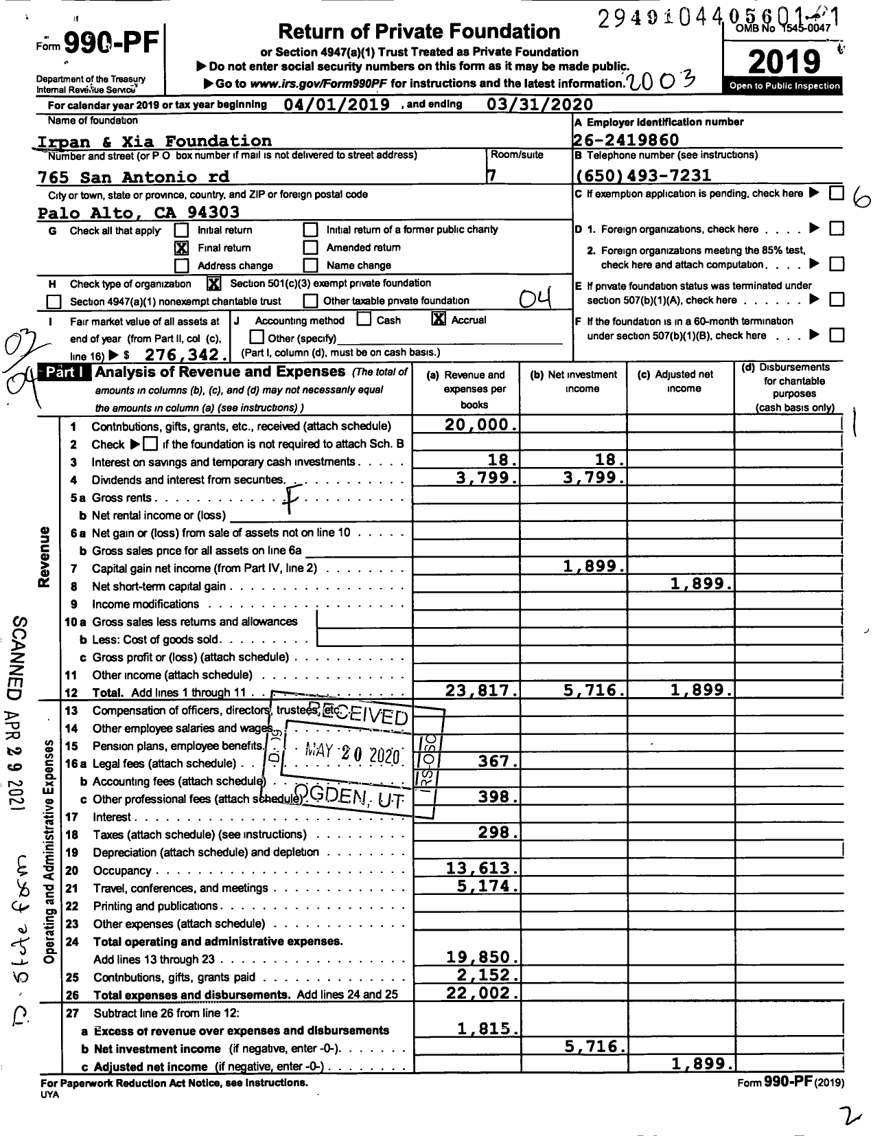 Image of first page of 2019 Form 990PF for Irpan and Xia Foundation