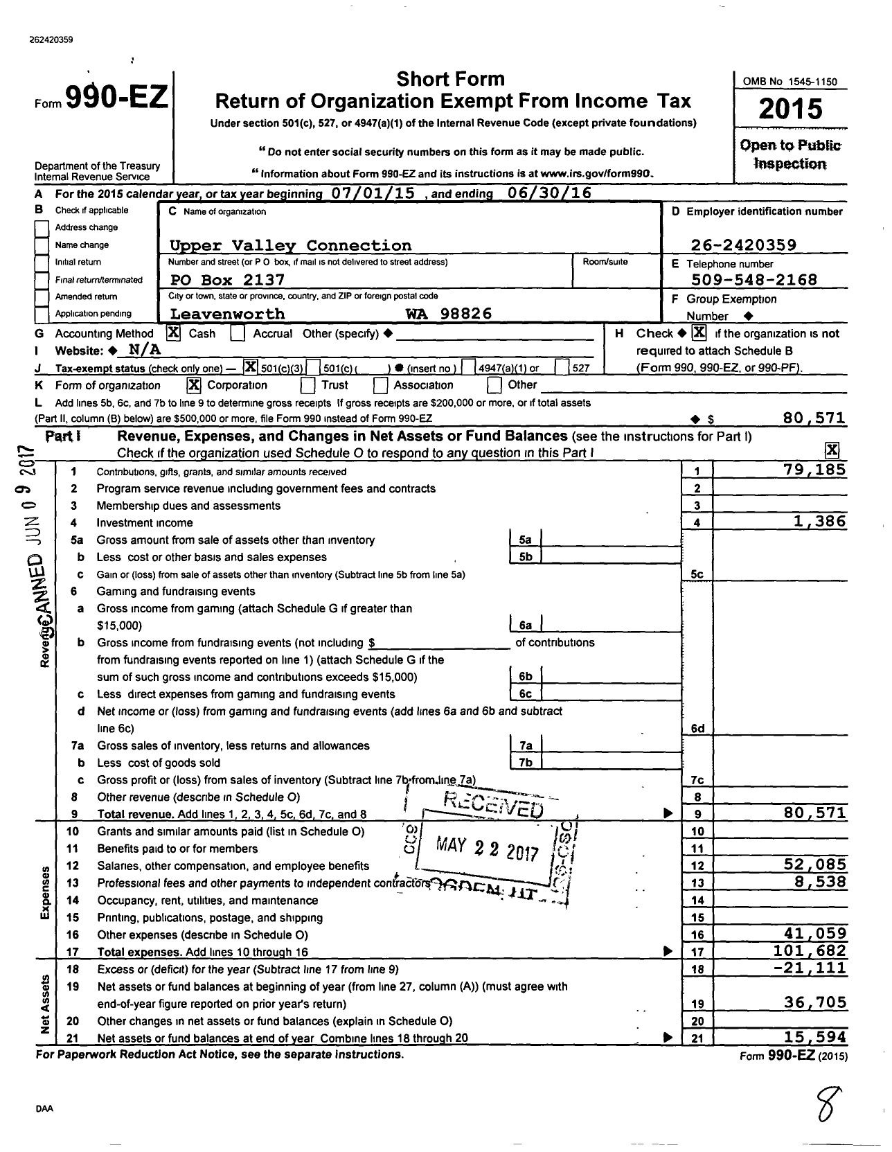Image of first page of 2015 Form 990EZ for Upper Valley Connection