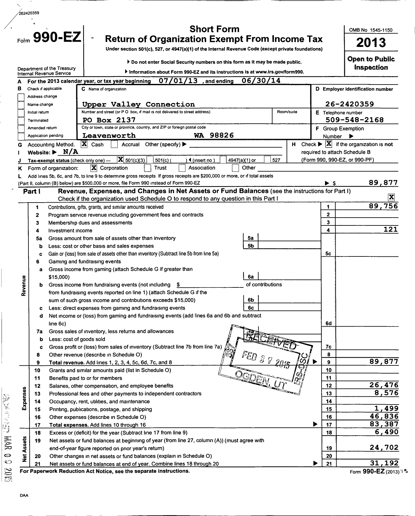 Image of first page of 2013 Form 990EZ for Upper Valley Connection