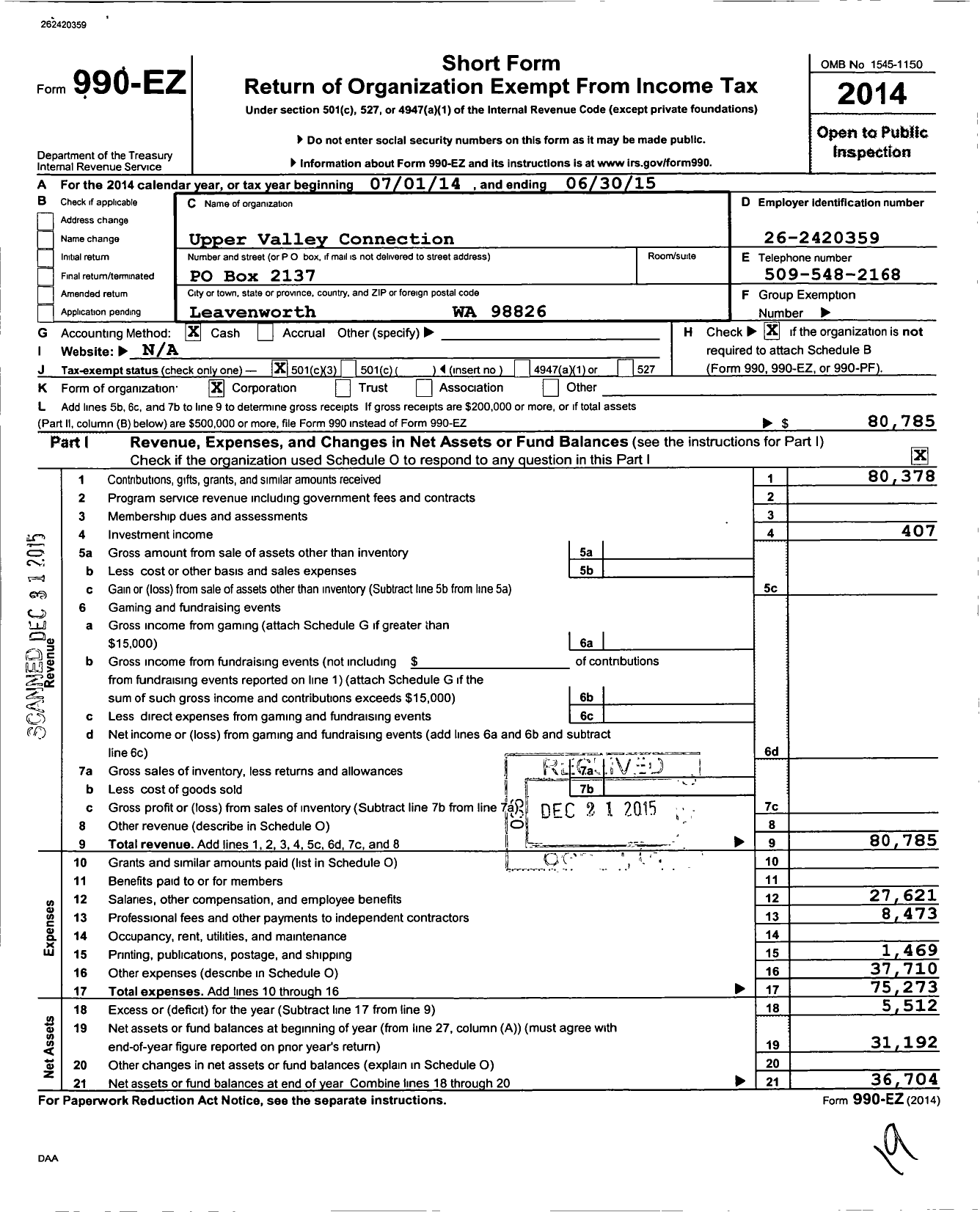 Image of first page of 2014 Form 990EZ for Upper Valley Connection