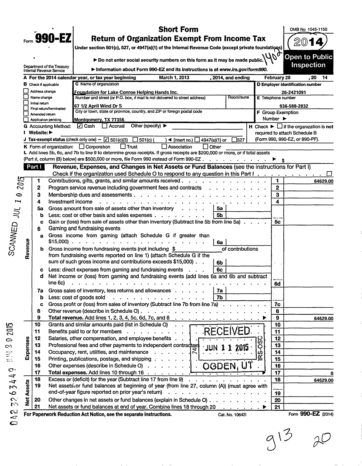 Image of first page of 2013 Form 990EZ for Foundation for Lake Conroe Helping Hands