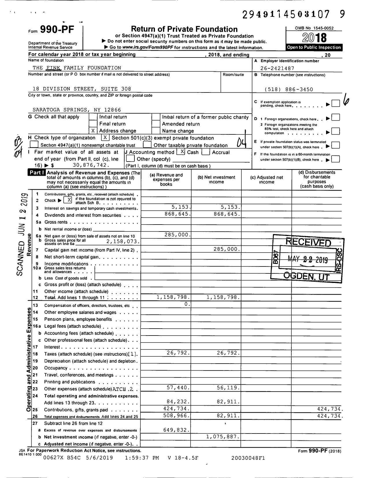 Image of first page of 2018 Form 990PF for The Fink Family Foundation