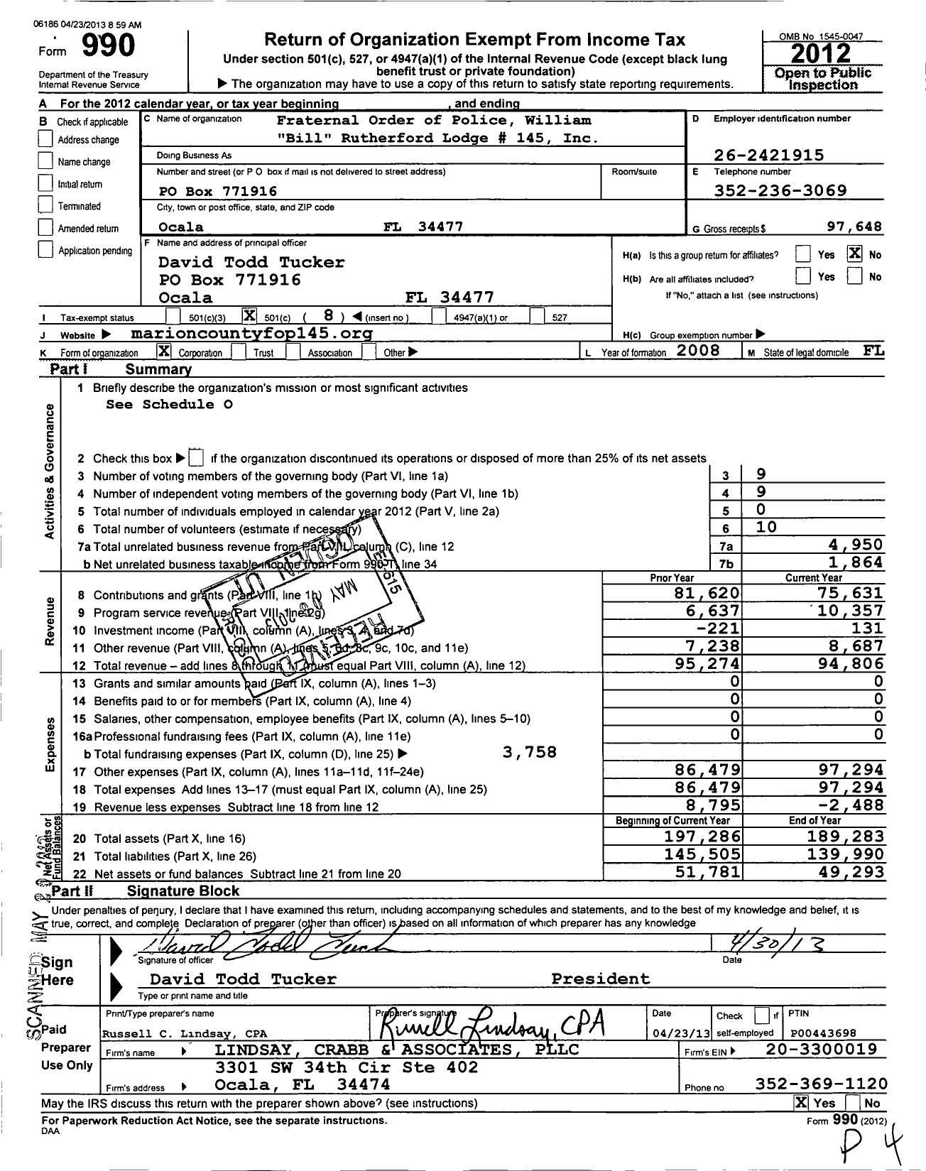 Image of first page of 2012 Form 990O for Fraternal Order of Police Lodge 145