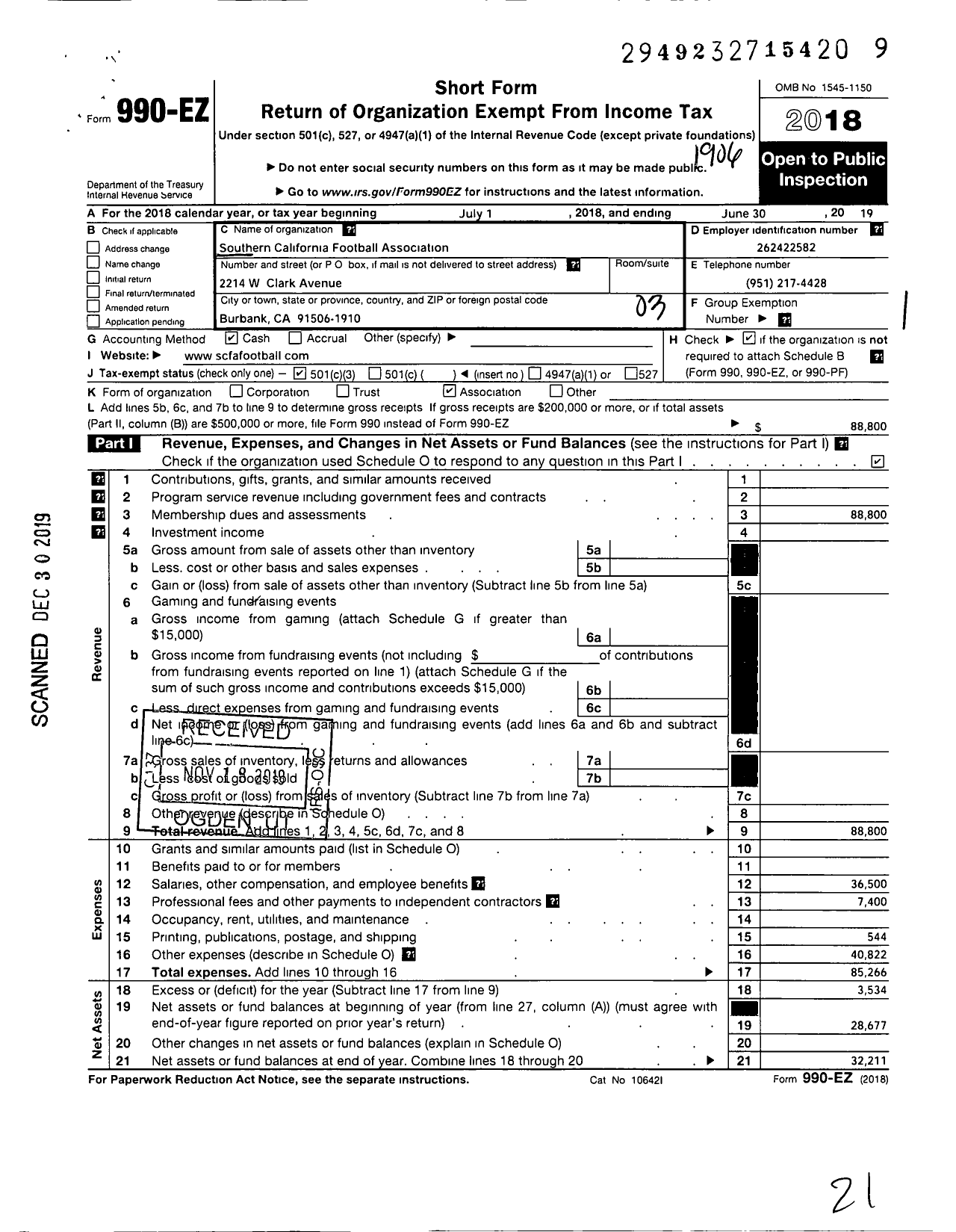 Image of first page of 2018 Form 990EZ for Southern California Football Association