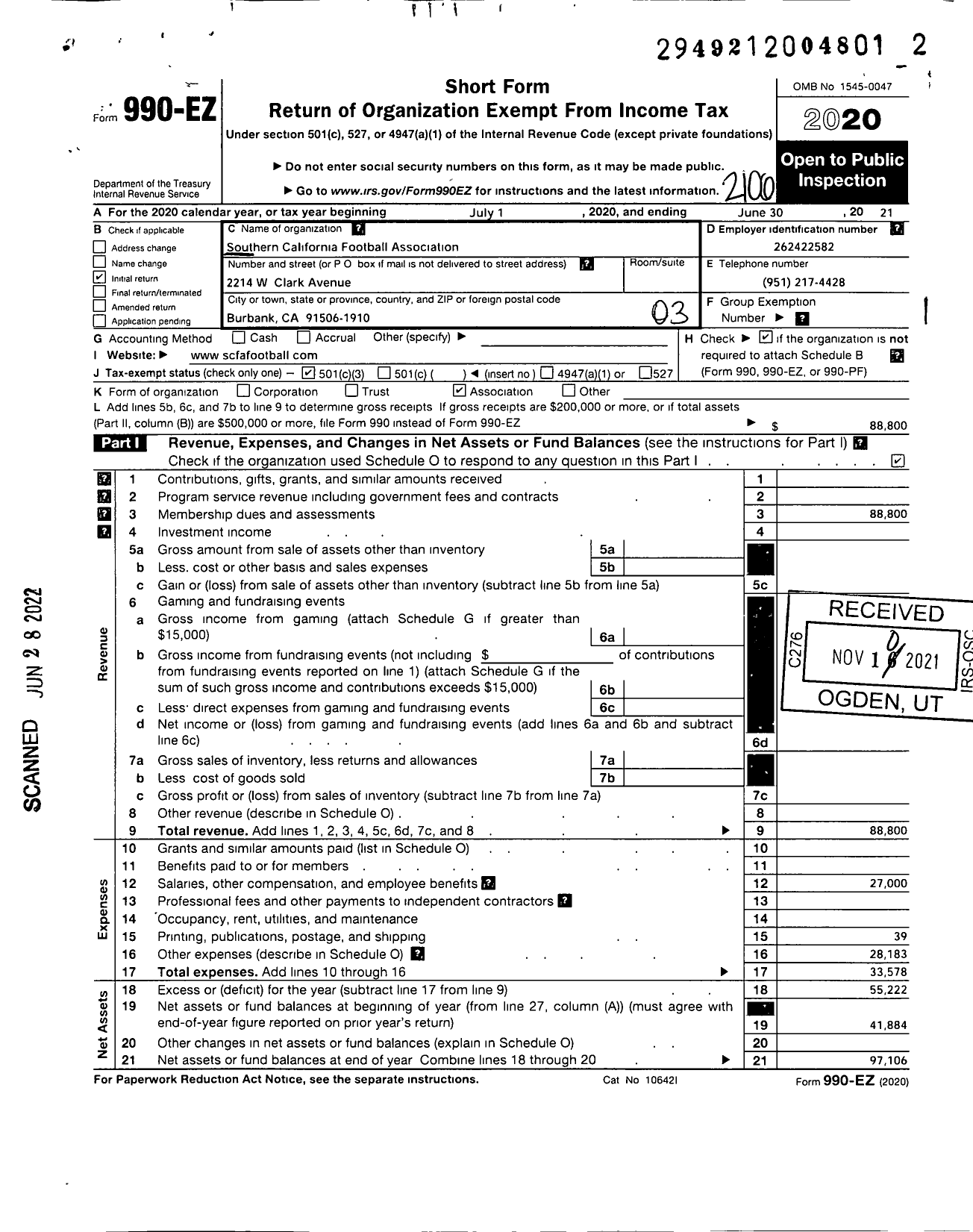 Image of first page of 2020 Form 990EZ for Southern California Football Association