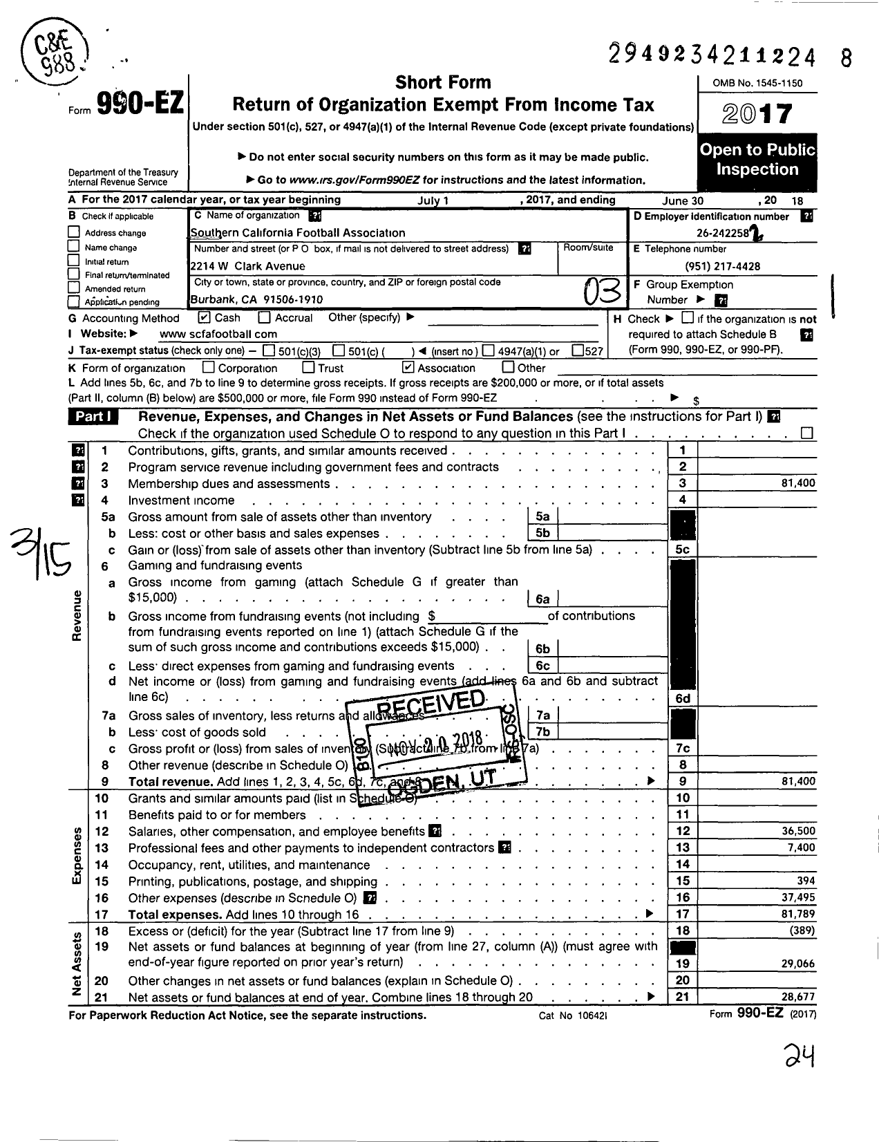 Image of first page of 2017 Form 990EZ for Southern California Football Association