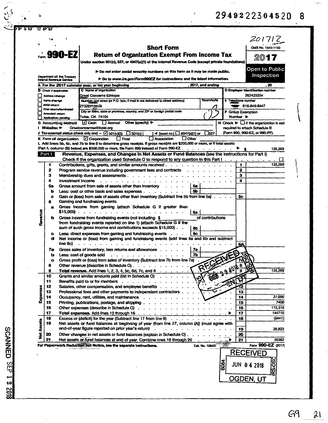 Image of first page of 2017 Form 990EZ for Great Concerns Ethiopia