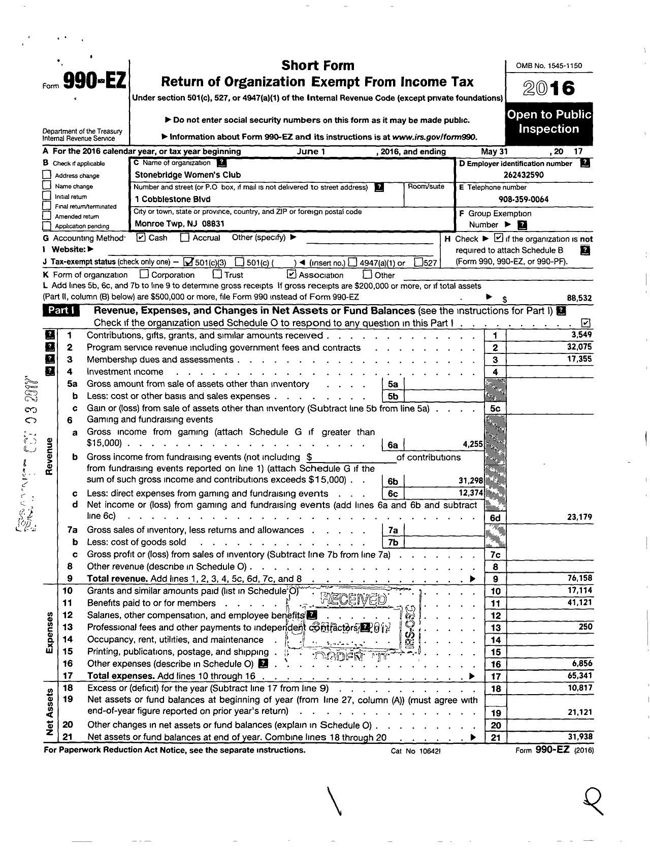 Image of first page of 2016 Form 990EZ for Stonebridge Womens Club