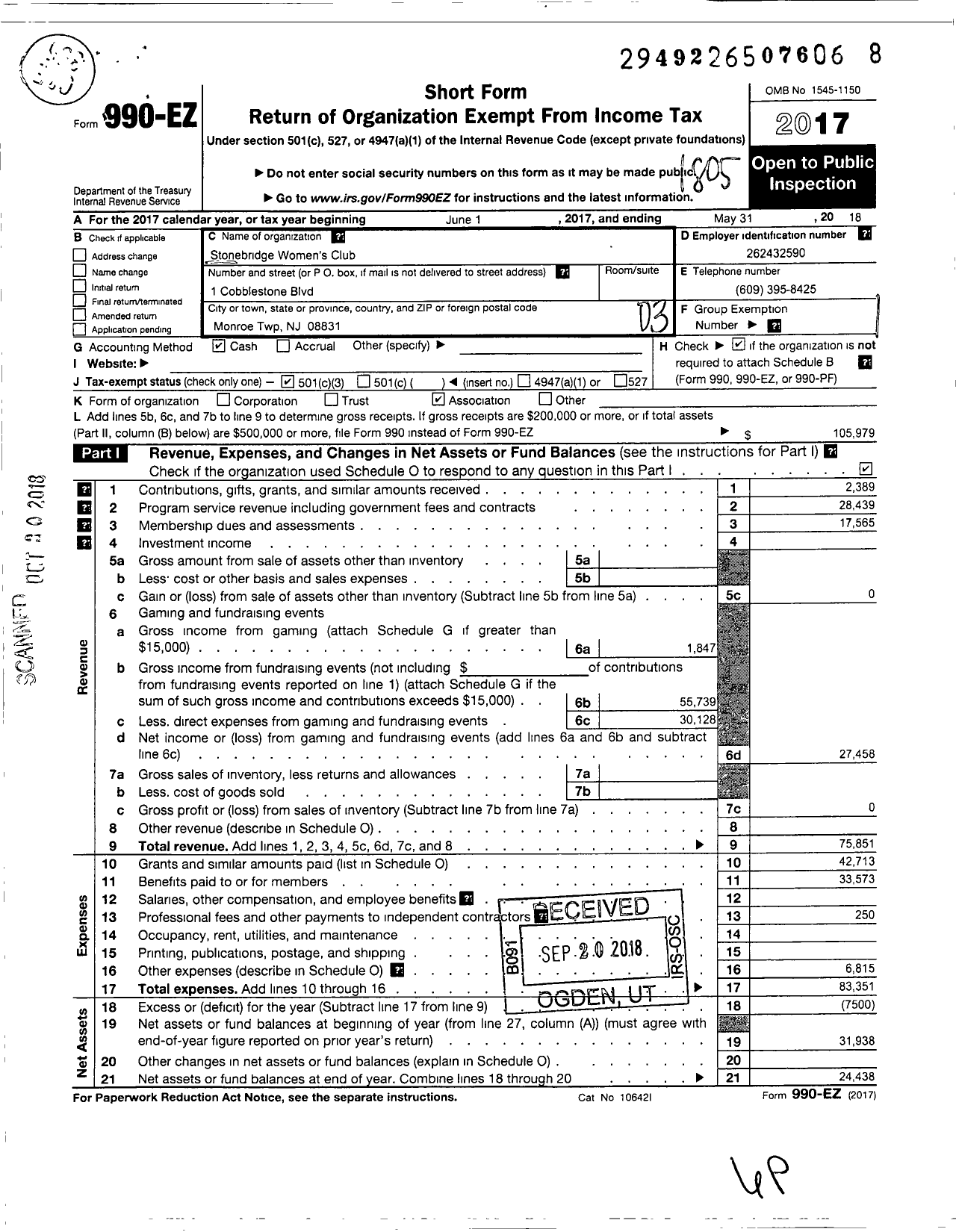 Image of first page of 2017 Form 990EZ for Stonebridge Womens Club