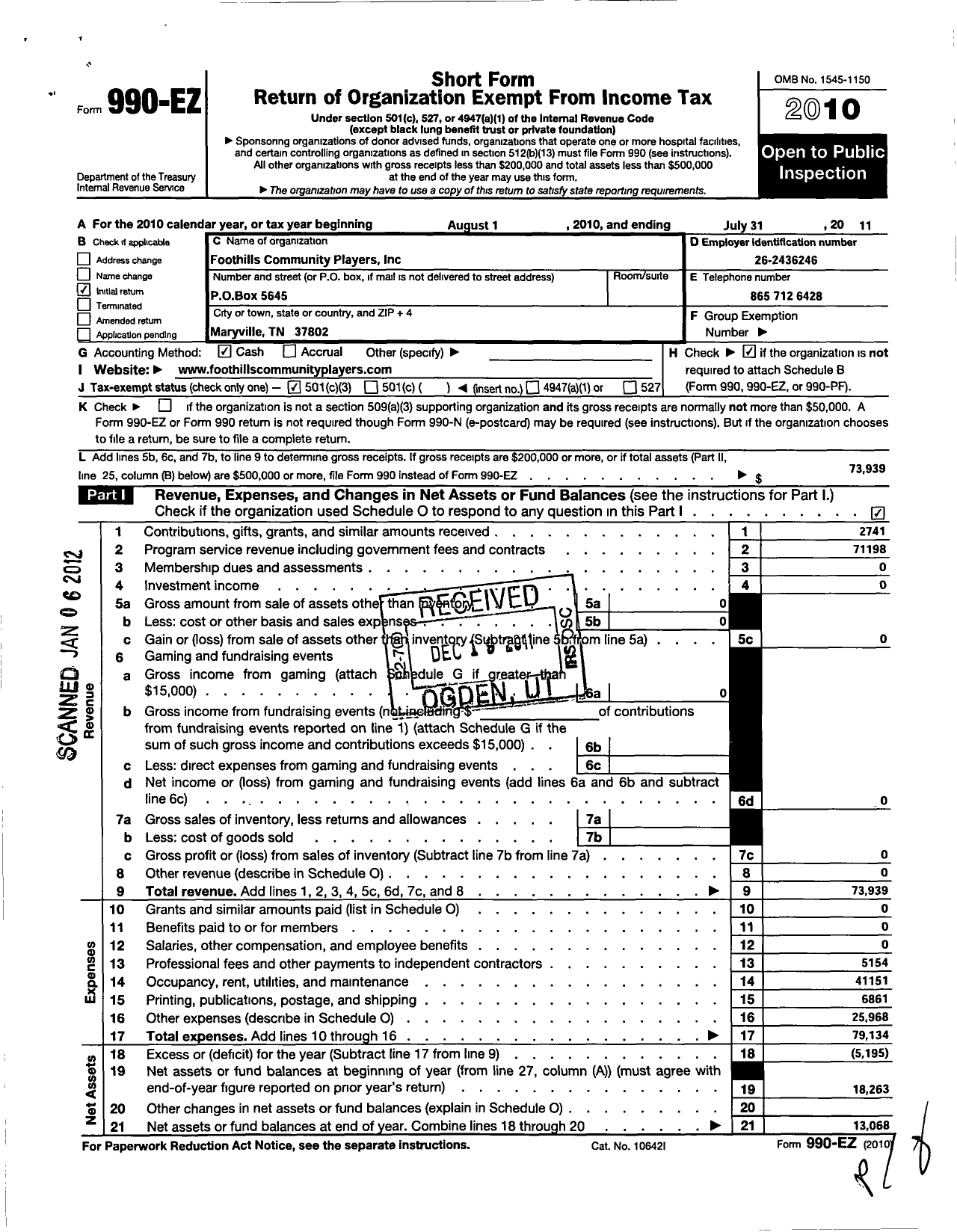 Image of first page of 2010 Form 990EZ for Foothills Community Players