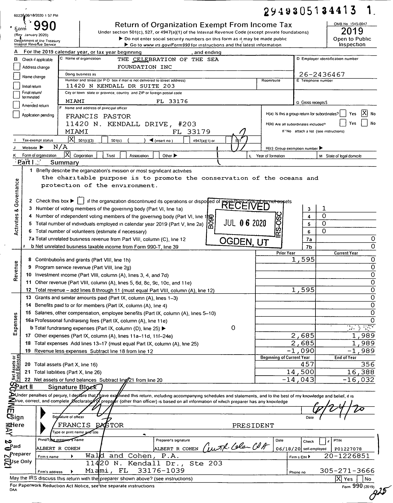 Image of first page of 2019 Form 990 for The Celebration of the Sea Foundation