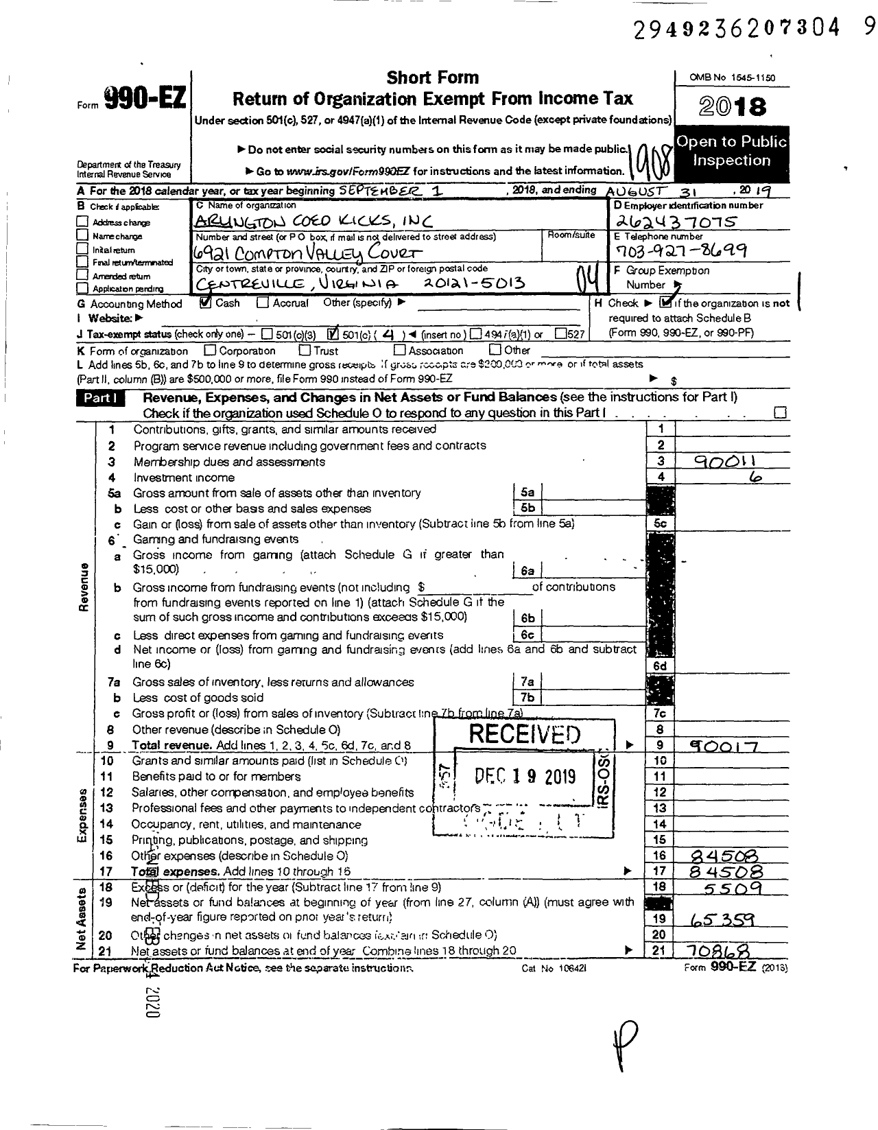 Image of first page of 2018 Form 990EO for Arlington Coed Kicks