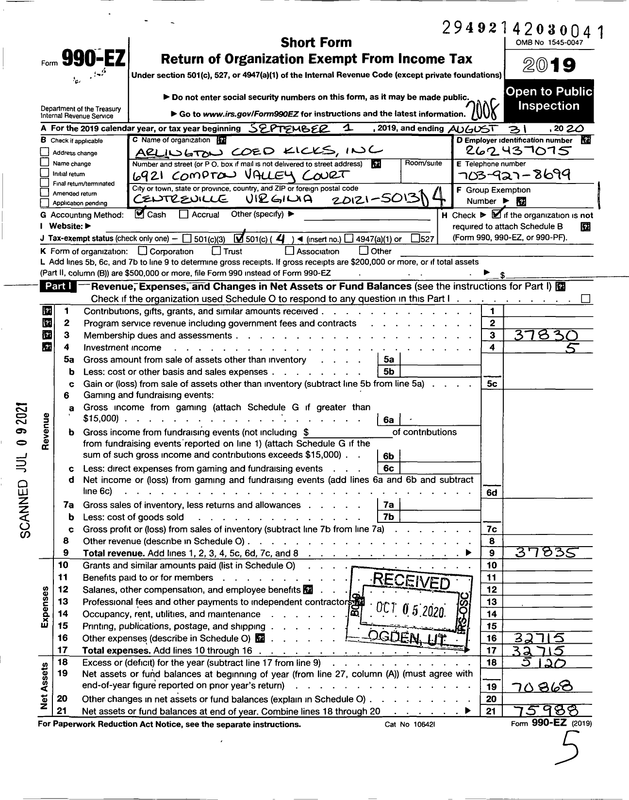 Image of first page of 2019 Form 990EO for Arlington Coed Kicks