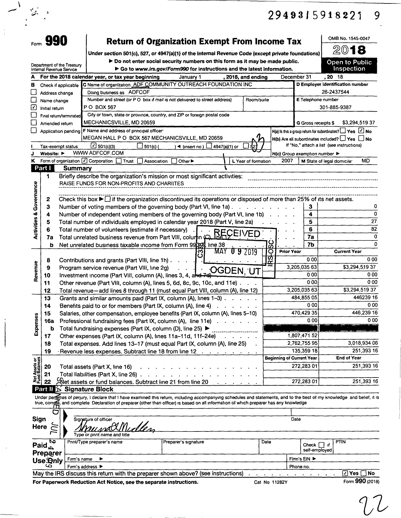 Image of first page of 2018 Form 990 for ADF Community Outreach Foundation