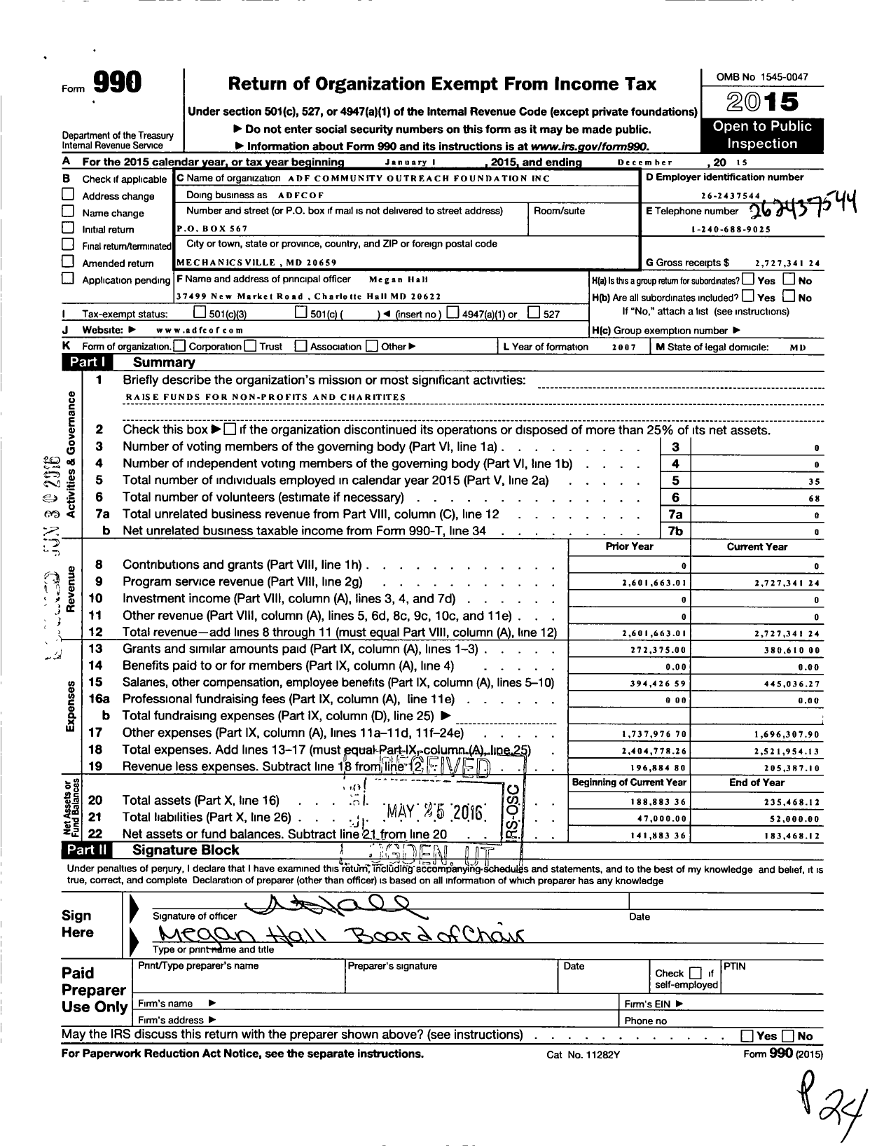 Image of first page of 2015 Form 990O for Ade Community Outreach Foundation