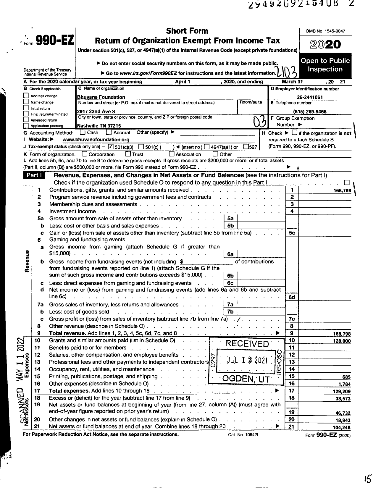 Image of first page of 2020 Form 990EZ for Bhuvana Foundation Tennessee