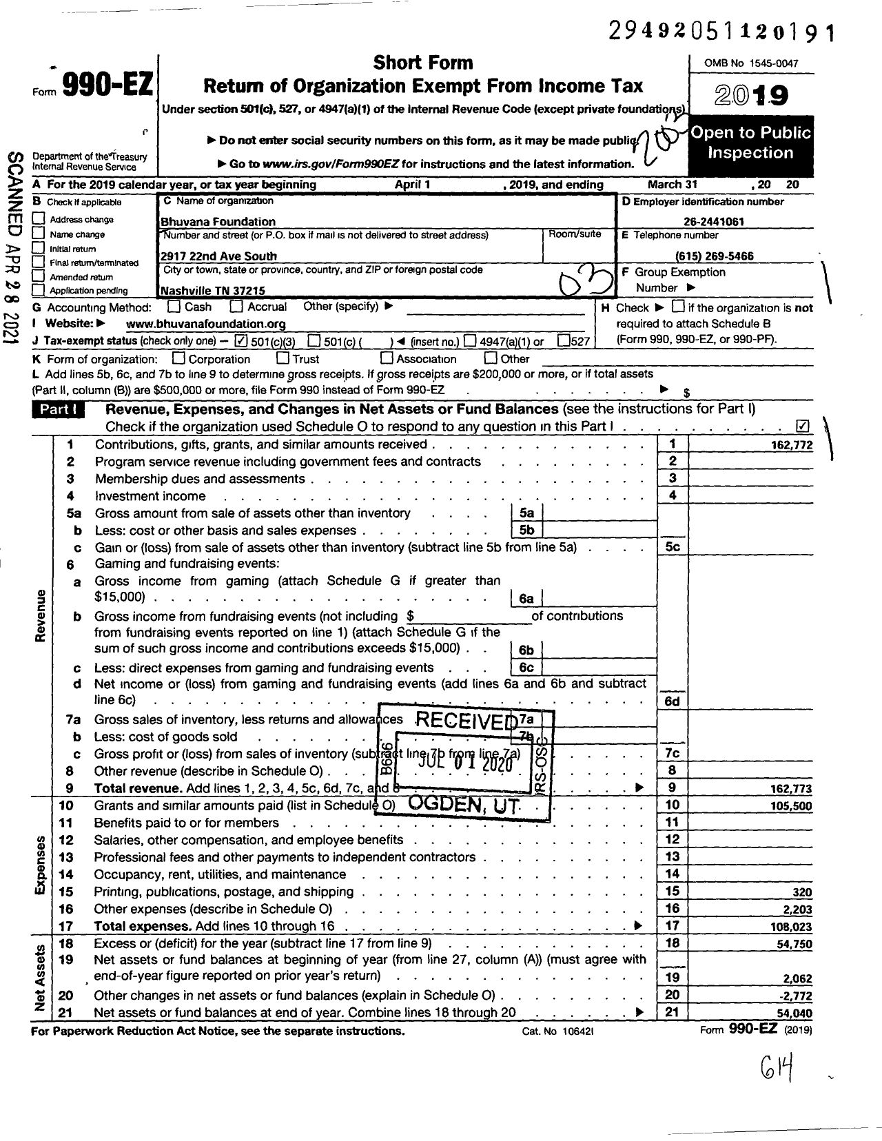 Image of first page of 2019 Form 990EZ for Bhuvana Foundation Tennessee