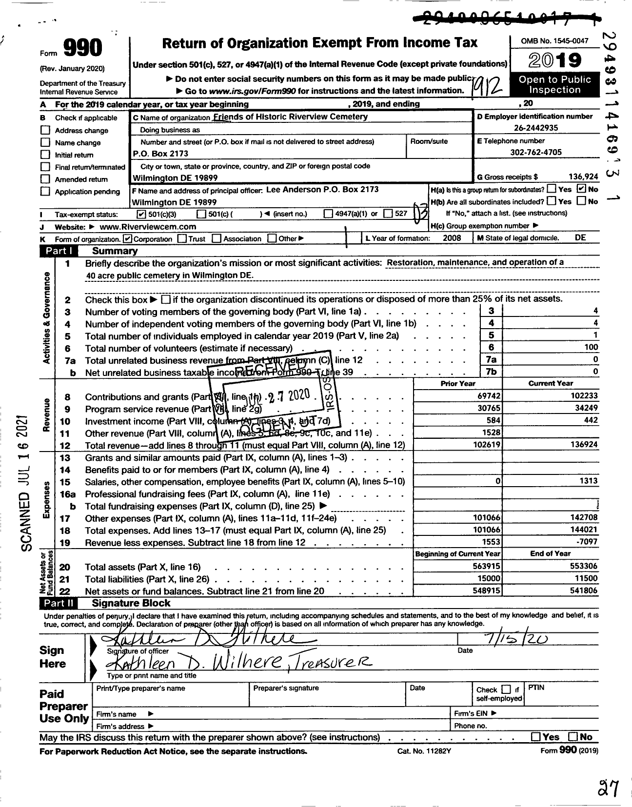 Image of first page of 2019 Form 990 for Friends of Historic Riverview Cemetery