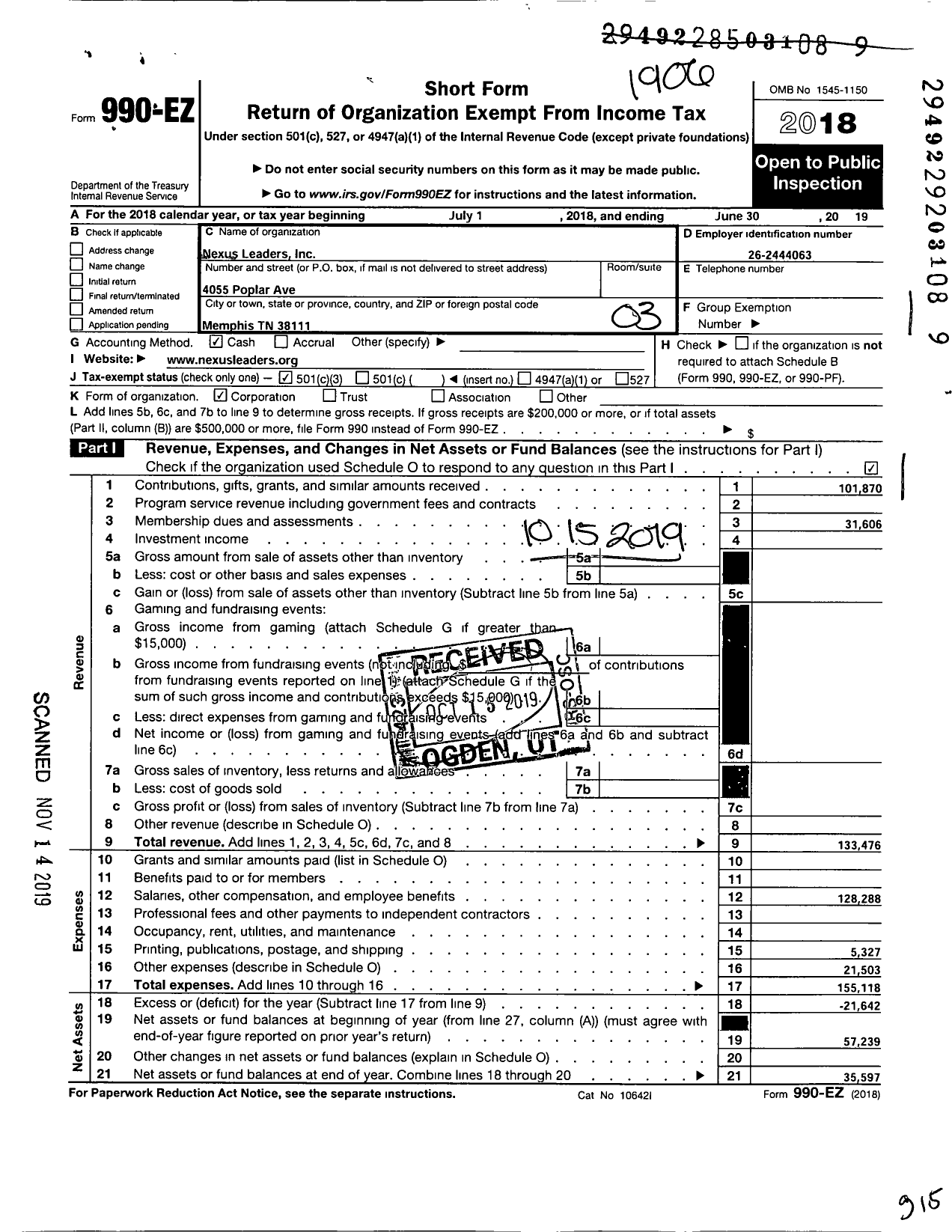 Image of first page of 2018 Form 990EZ for Nexus Leaders