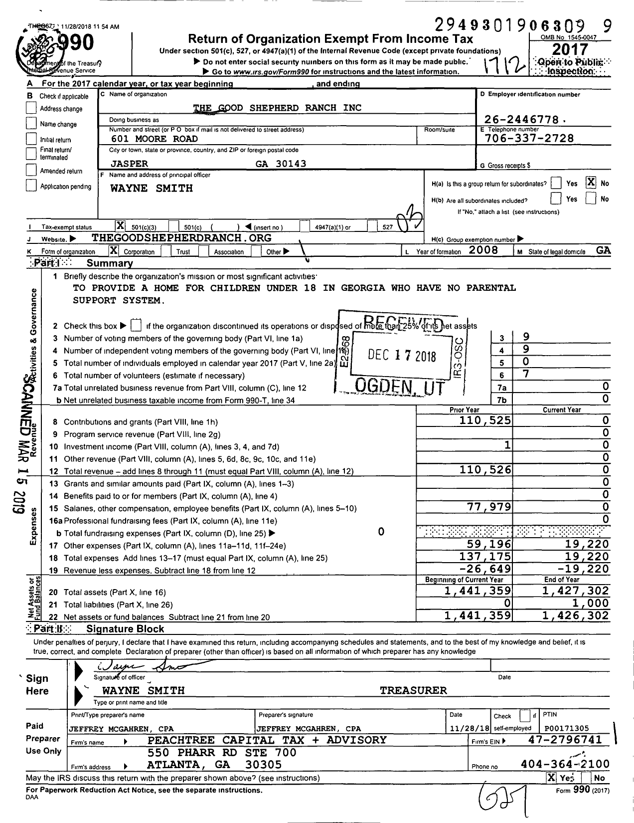 Image of first page of 2017 Form 990 for The Good Shepherd Ranch