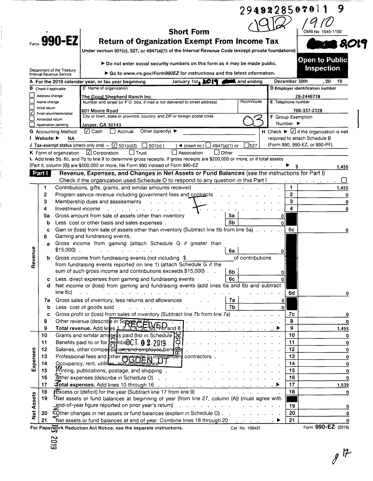 Image of first page of 2019 Form 990EZ for The Good Shepherd Ranch