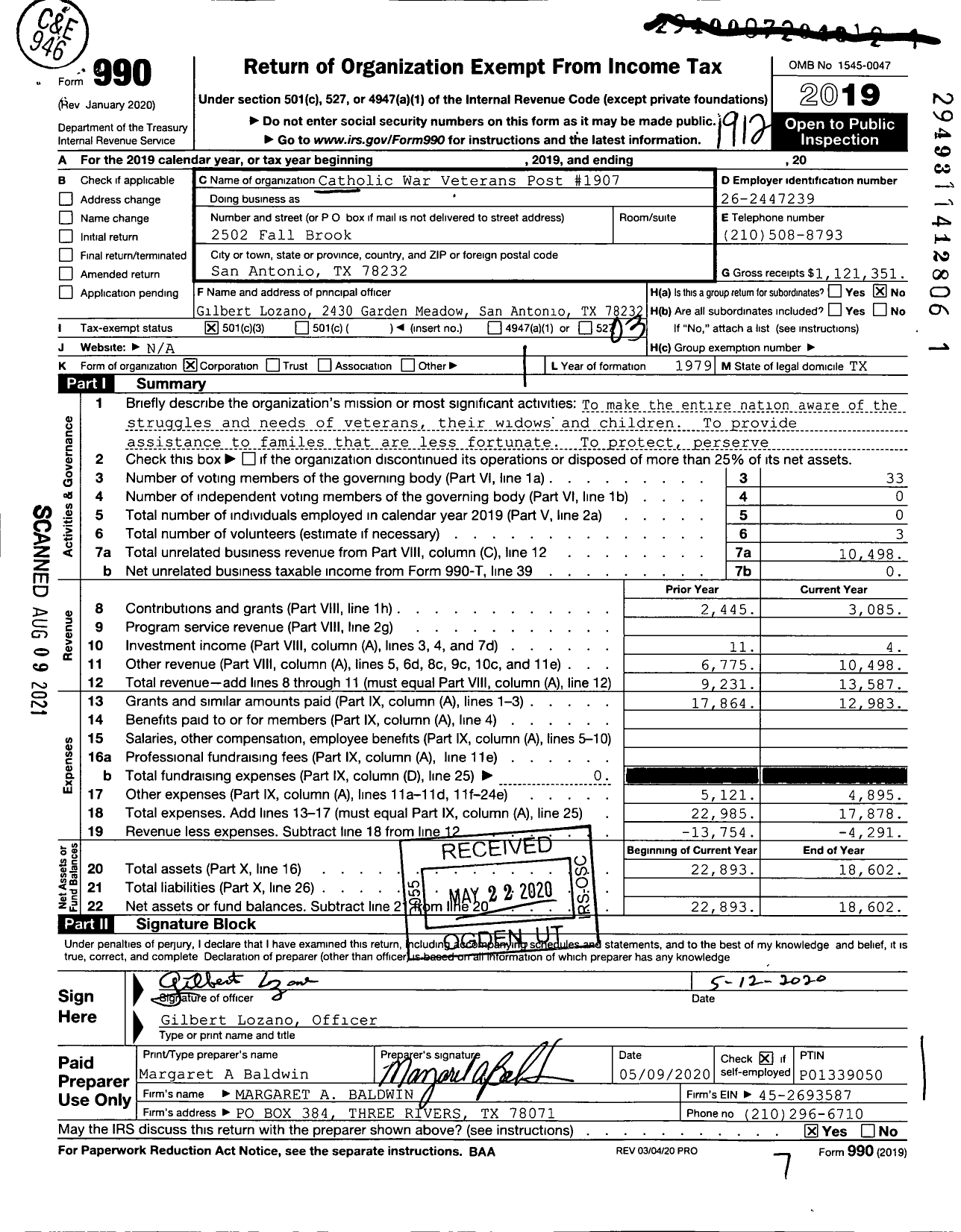 Image of first page of 2019 Form 990 for Catholic War Veterans of the United States of America - 1907 Post-Cmr-Cwv