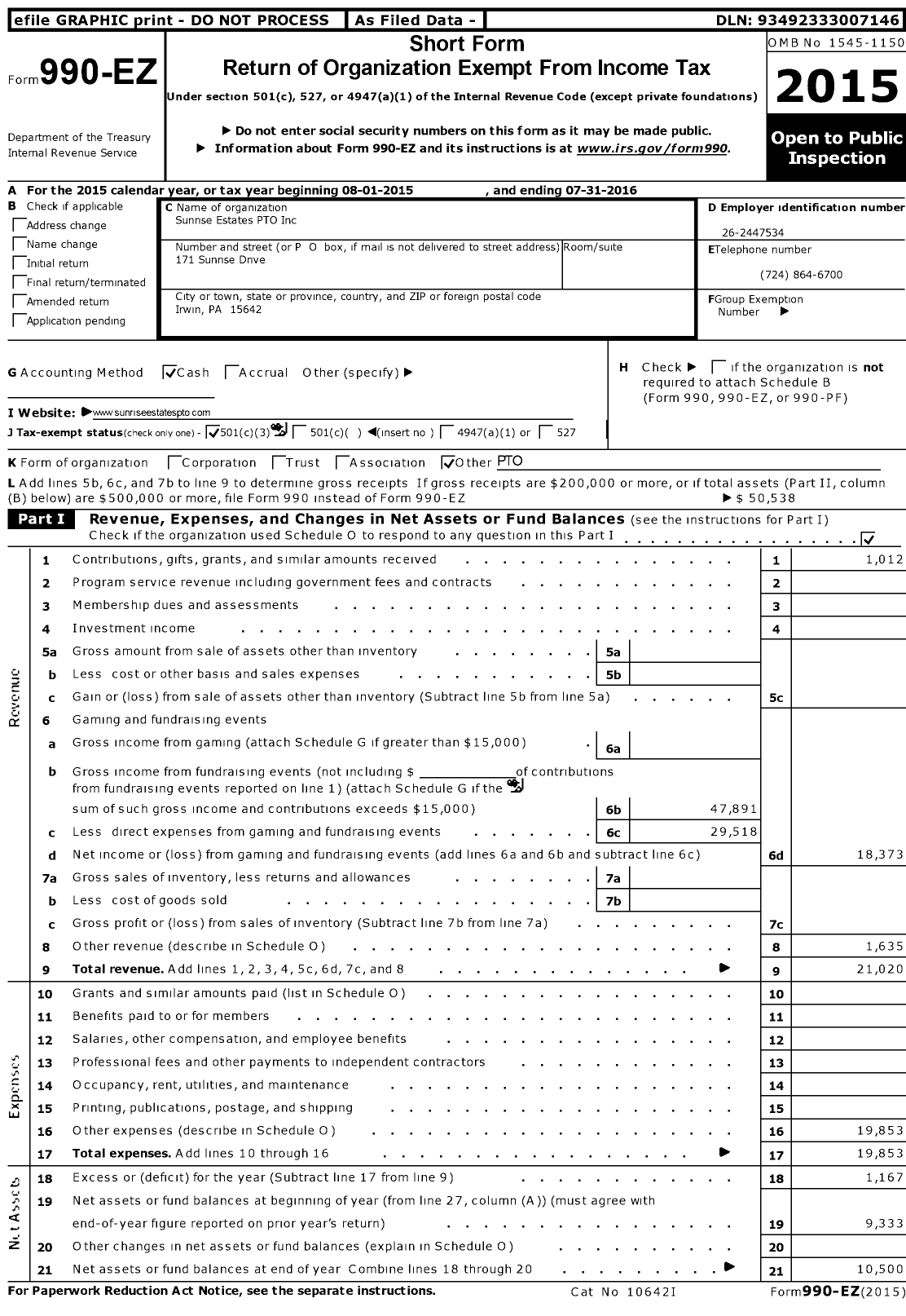 Image of first page of 2015 Form 990EZ for Sunrise Estates PTO