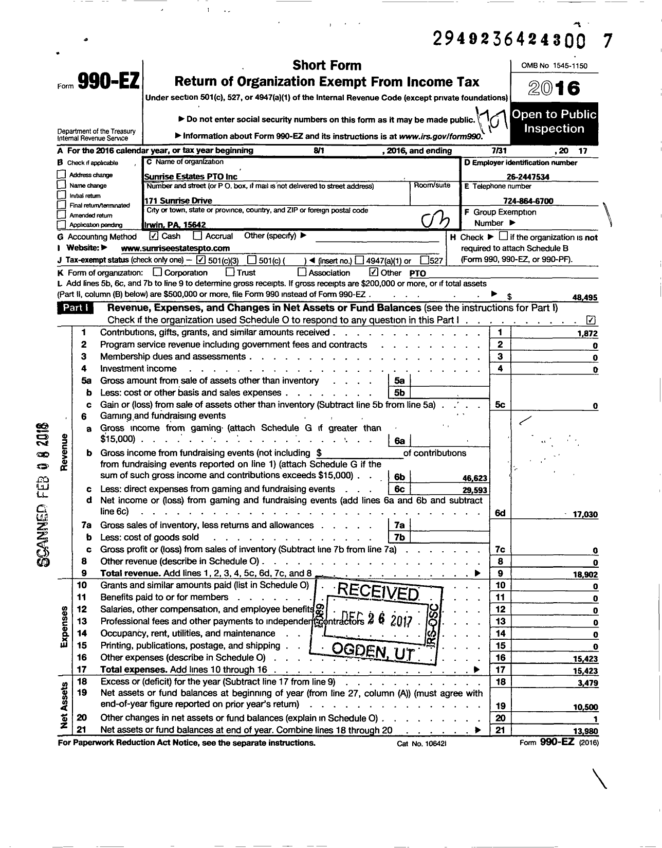 Image of first page of 2016 Form 990EZ for Sunrise Estates PTO