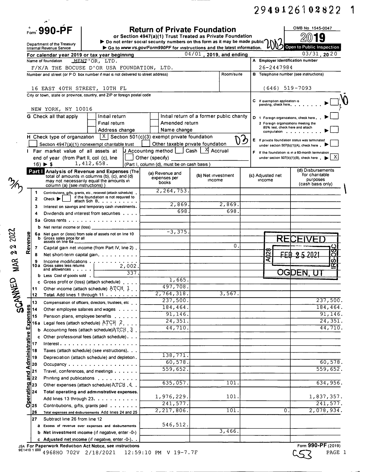 Image of first page of 2019 Form 990PF for Ment
