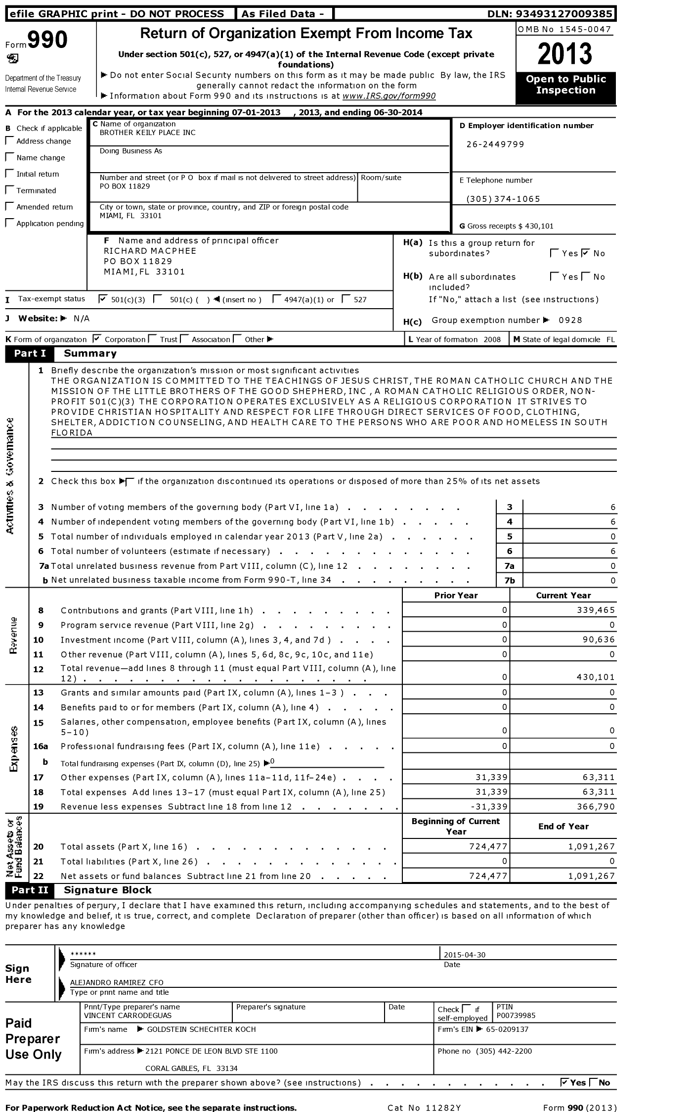 Image of first page of 2013 Form 990 for Brother Keily Place