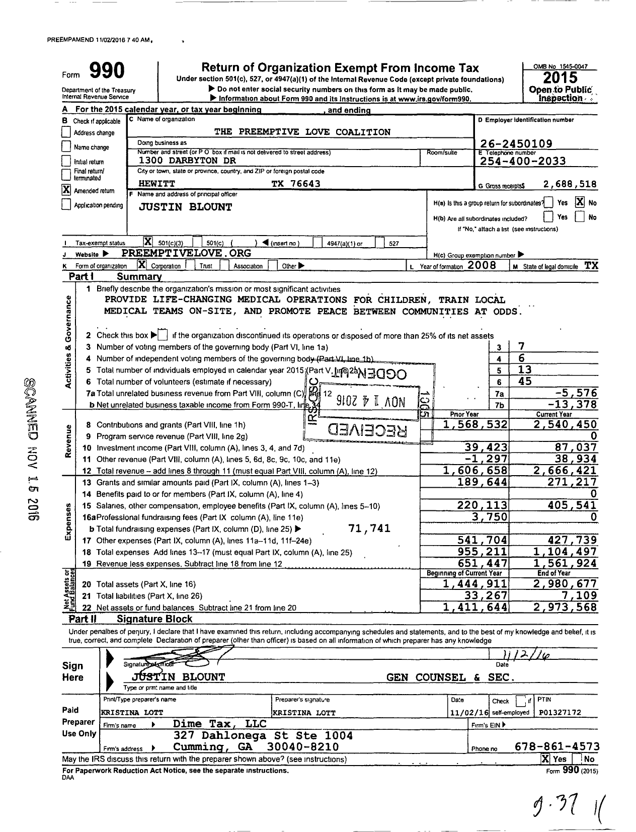 Image of first page of 2015 Form 990 for The Preemptive Love Coalition