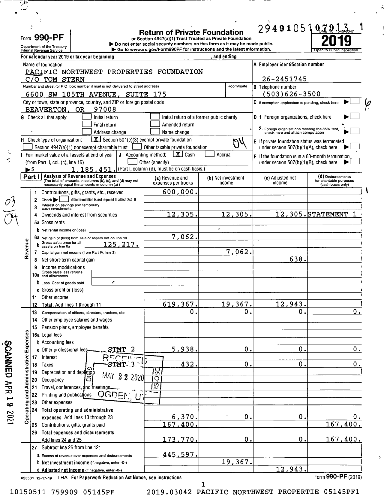 Image of first page of 2019 Form 990PF for Pacific Northwest Properties Foundation